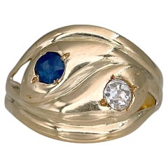 Victorian 14 Karat Gold 0.22 Carat Sapphire 0.20 Carat Diamond Double Snake Ring