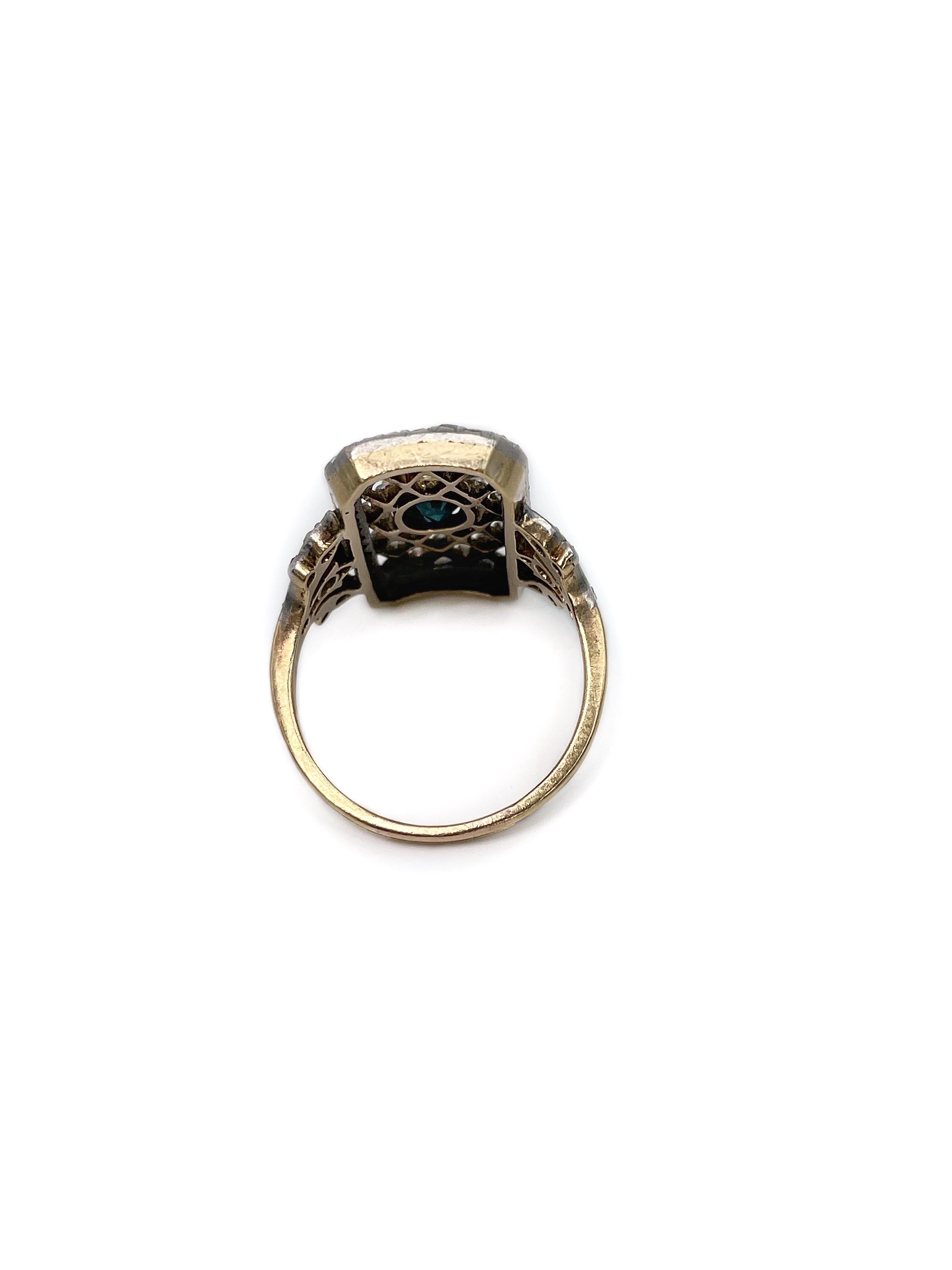 This is a stunning antique Victorian rectangle open wire work ring crafted in 18K gold and adorned with silver. 

The piece features:
- 1 pc. oval faceted sapphire (1.25ct, B 5/5, VS, H)
- 82 pcs. rose cut diamonds (0.19ct, RW-W, SI-P2)

Weight:
