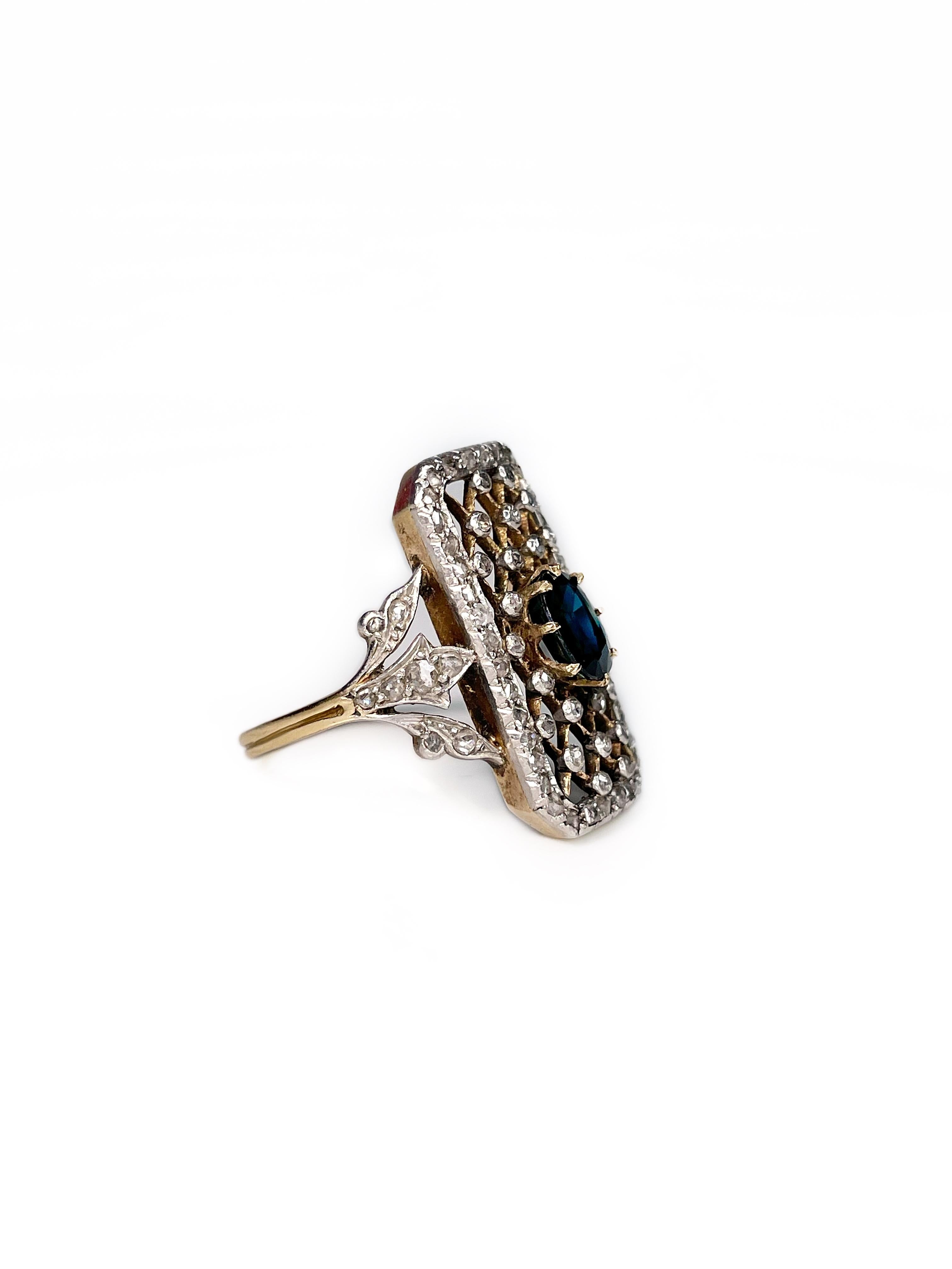 Victorian 18 Karat Gold Sapphire Rose Cut Diamond Openwork Rectangle Ring In Good Condition In Vilnius, LT