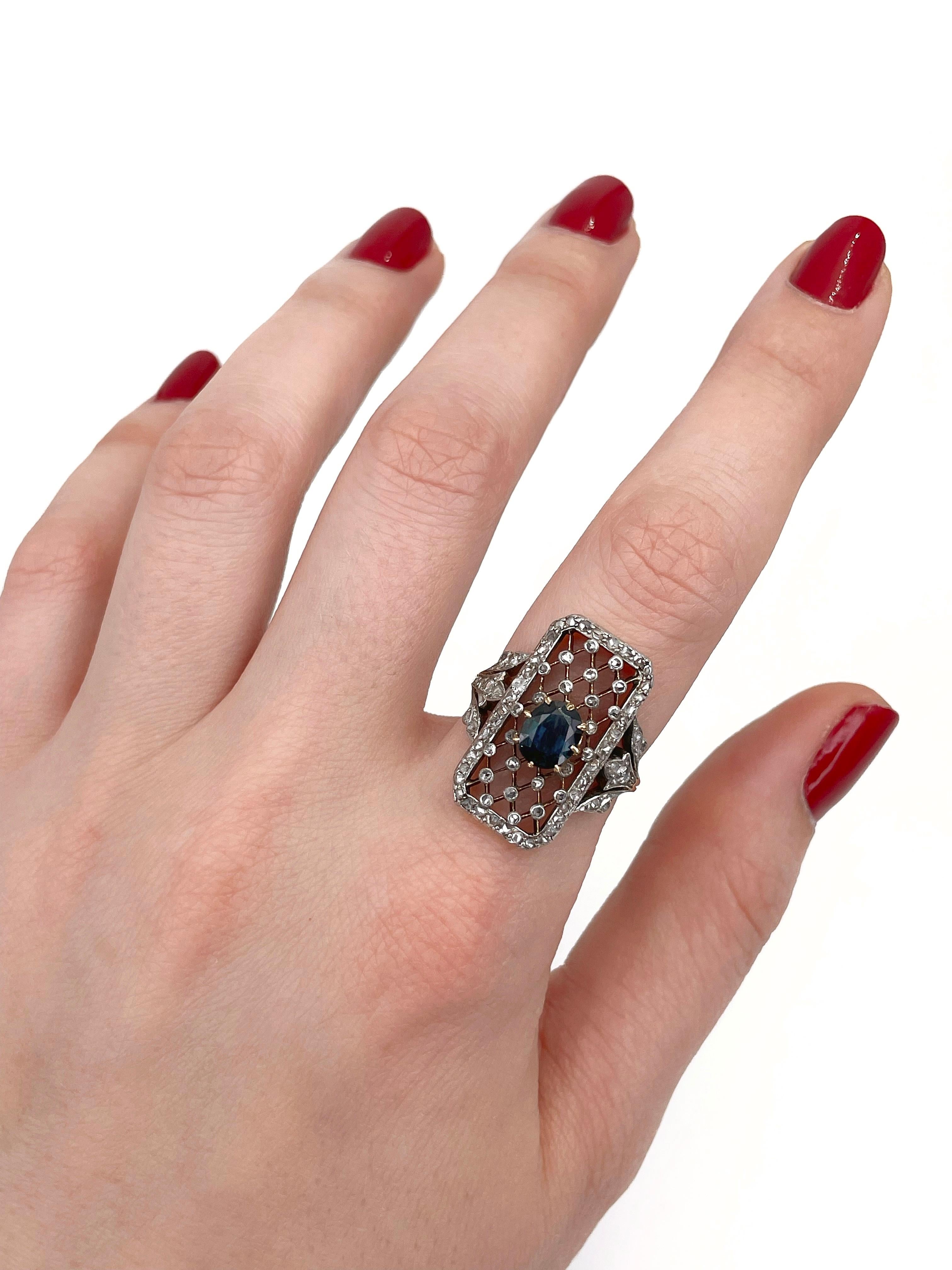 Victorian 18 Karat Gold Sapphire Rose Cut Diamond Openwork Rectangle Ring 2