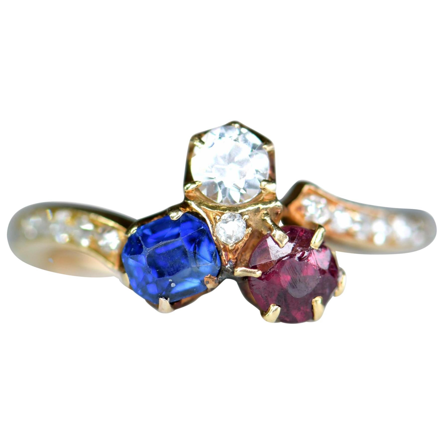 Victorian 18 Karat Gold Sapphire Ruby and Diamond Clover Antique Ring