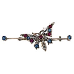 Antique Victorian 18 Karat Gold Sapphire Ruby Pearl Old Cut Diamond Butterfly Bar Brooch