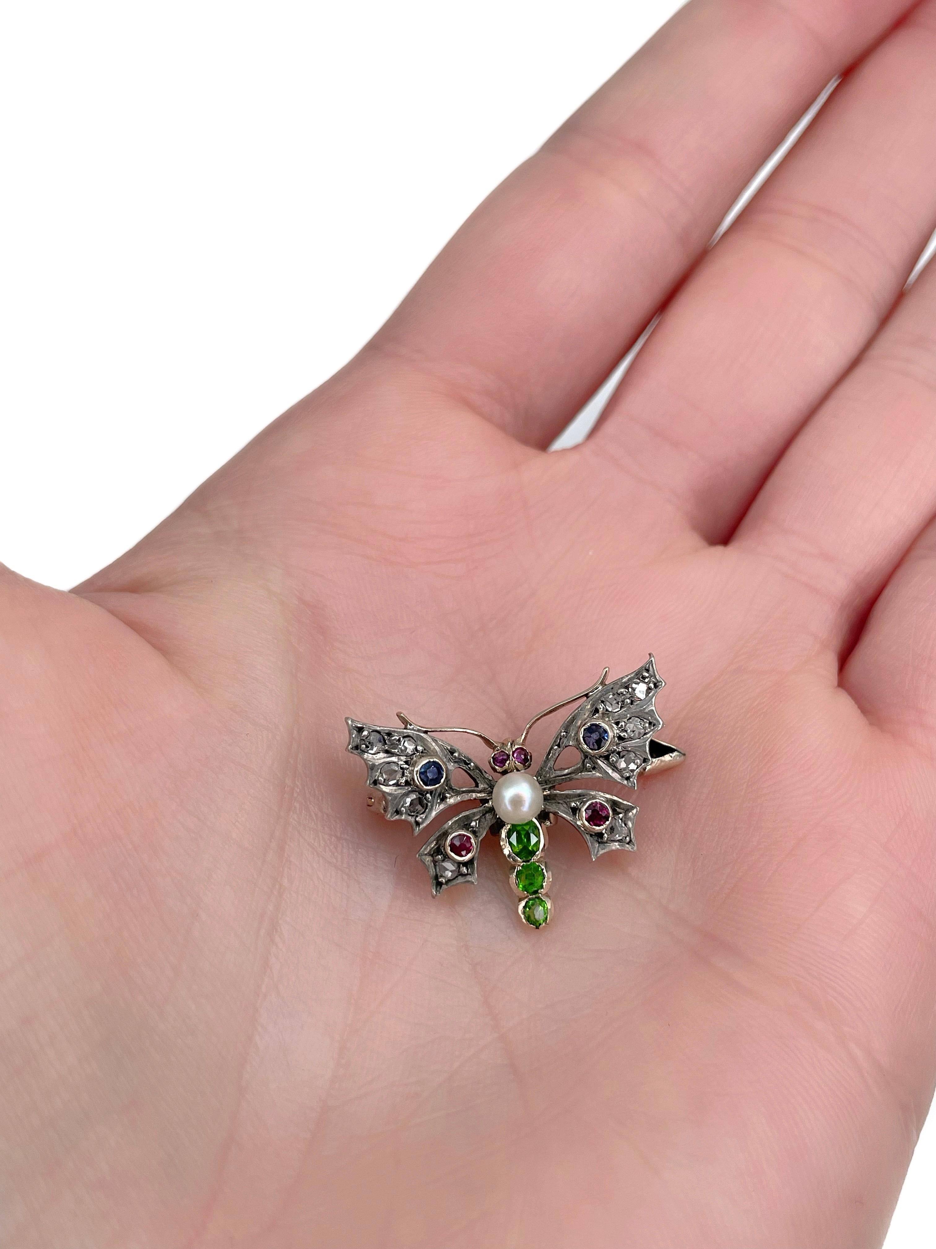 Mixed Cut Victorian 18 Karat Gold Sapphire Ruby Pearl Rose Cut Diamond Butterfly Brooch