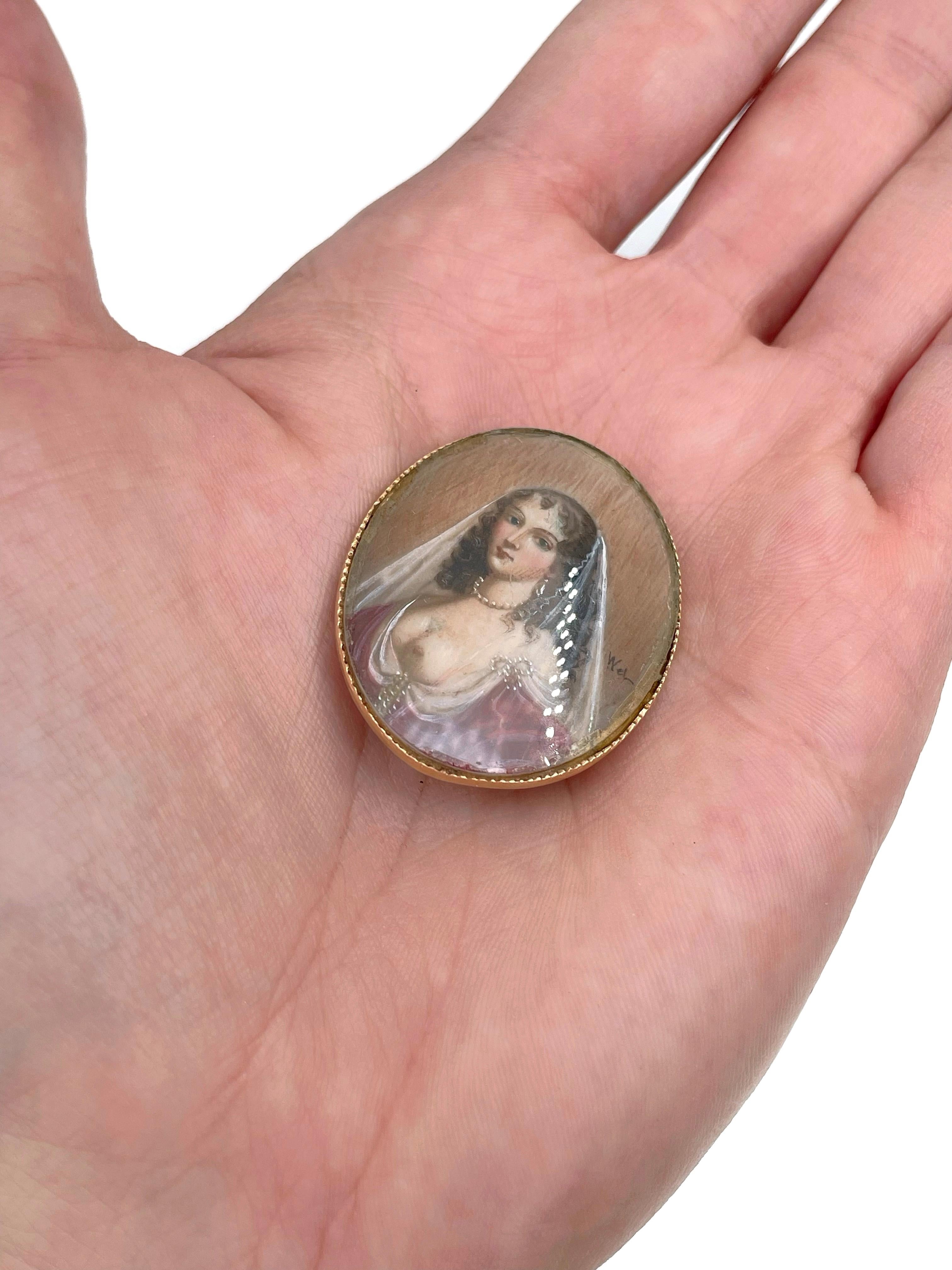 Victorian 18 Karat Gold Lady Wearing Pearls Signed Miniature Portrait Pin Brooch In Good Condition For Sale In Vilnius, LT