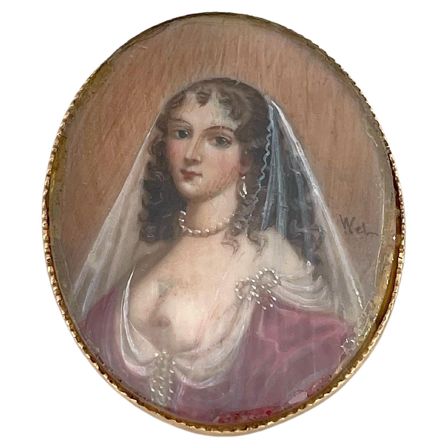 Victorian 18 Karat Gold Lady Wearing Pearls Signed Miniature Portrait Pin Brooch For Sale