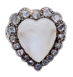 Victorian 18 Karat Gold Silver Diamond Moonstone Cabochon Heart Love Token Ring