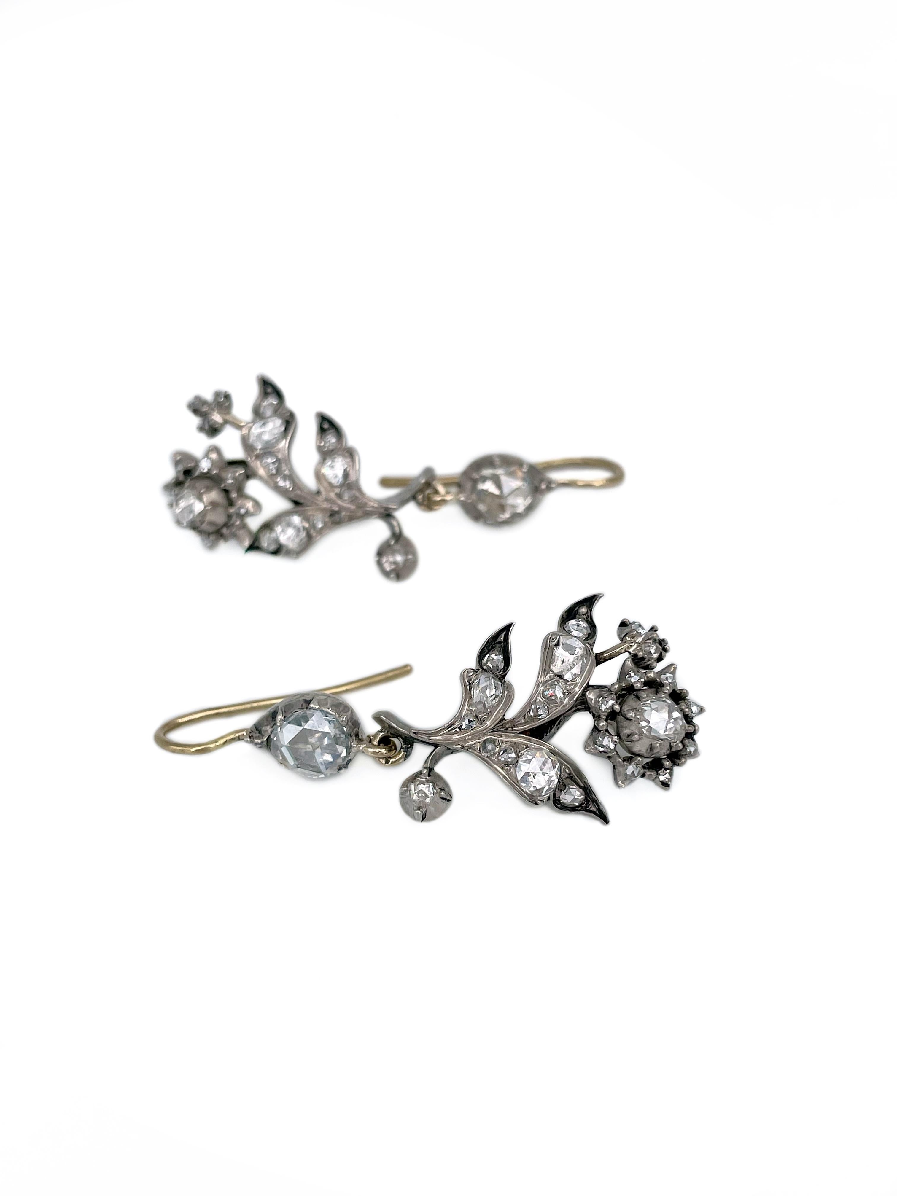 Women's Victorian 18 Karat Gold Silver Rose Cut Diamond Floral Drop Dangle Earrings