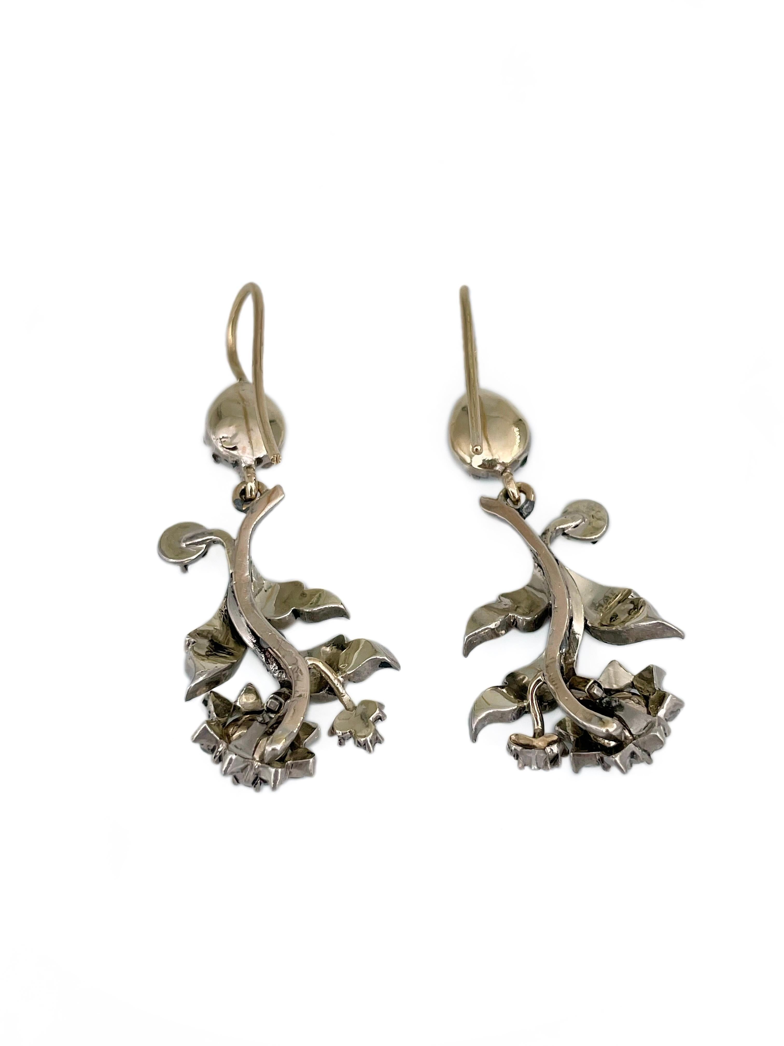 Victorian 18 Karat Gold Silver Rose Cut Diamond Floral Drop Dangle Earrings 1
