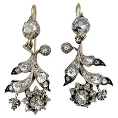 Antique Victorian 18 Karat Gold Silver Rose Cut Diamond Floral Drop Dangle Earrings