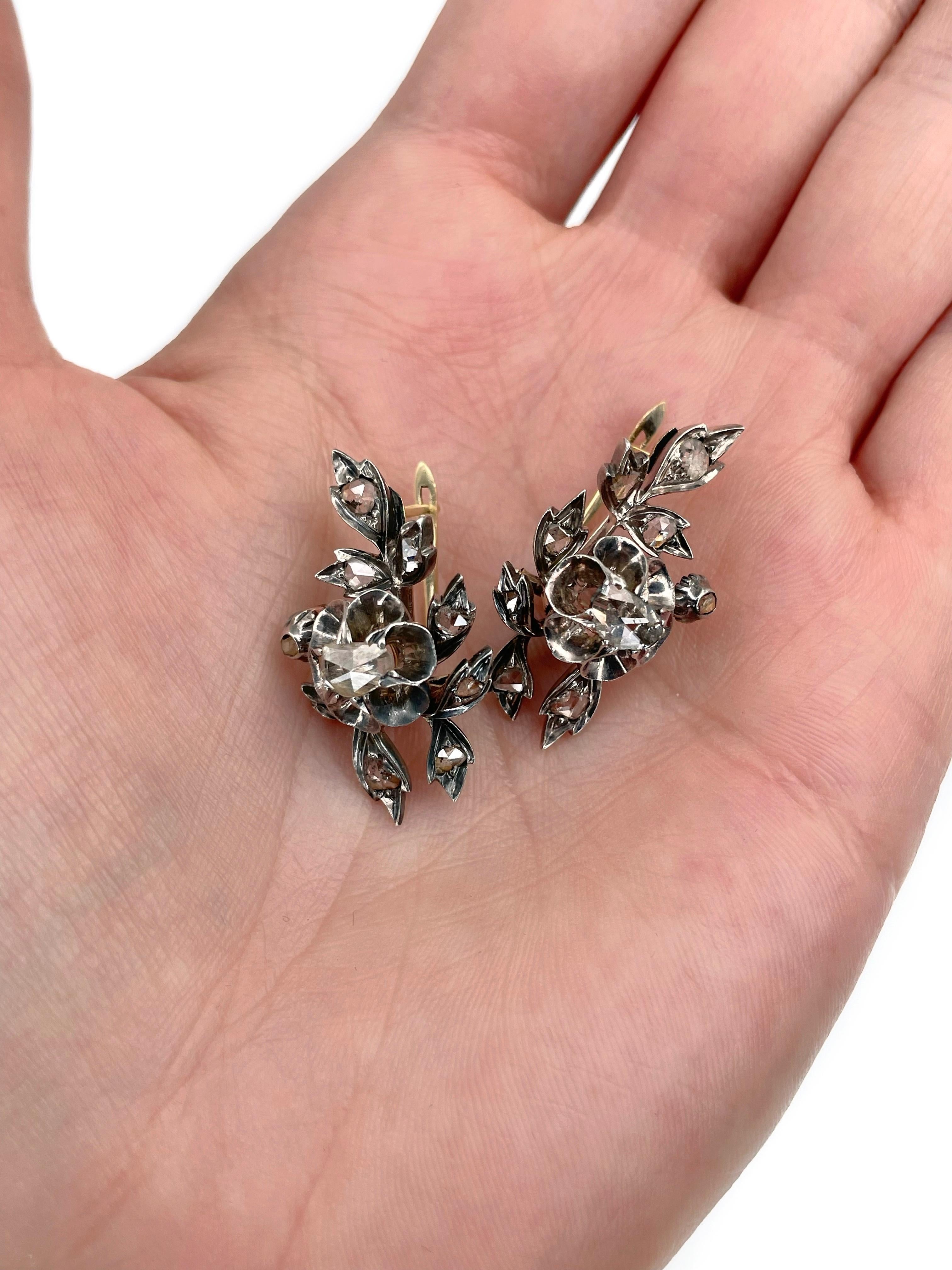 Victorian 18 Karat Gold Silver Rose Cut Diamond Floral Lever-Back Earrings (Viktorianisch) im Angebot