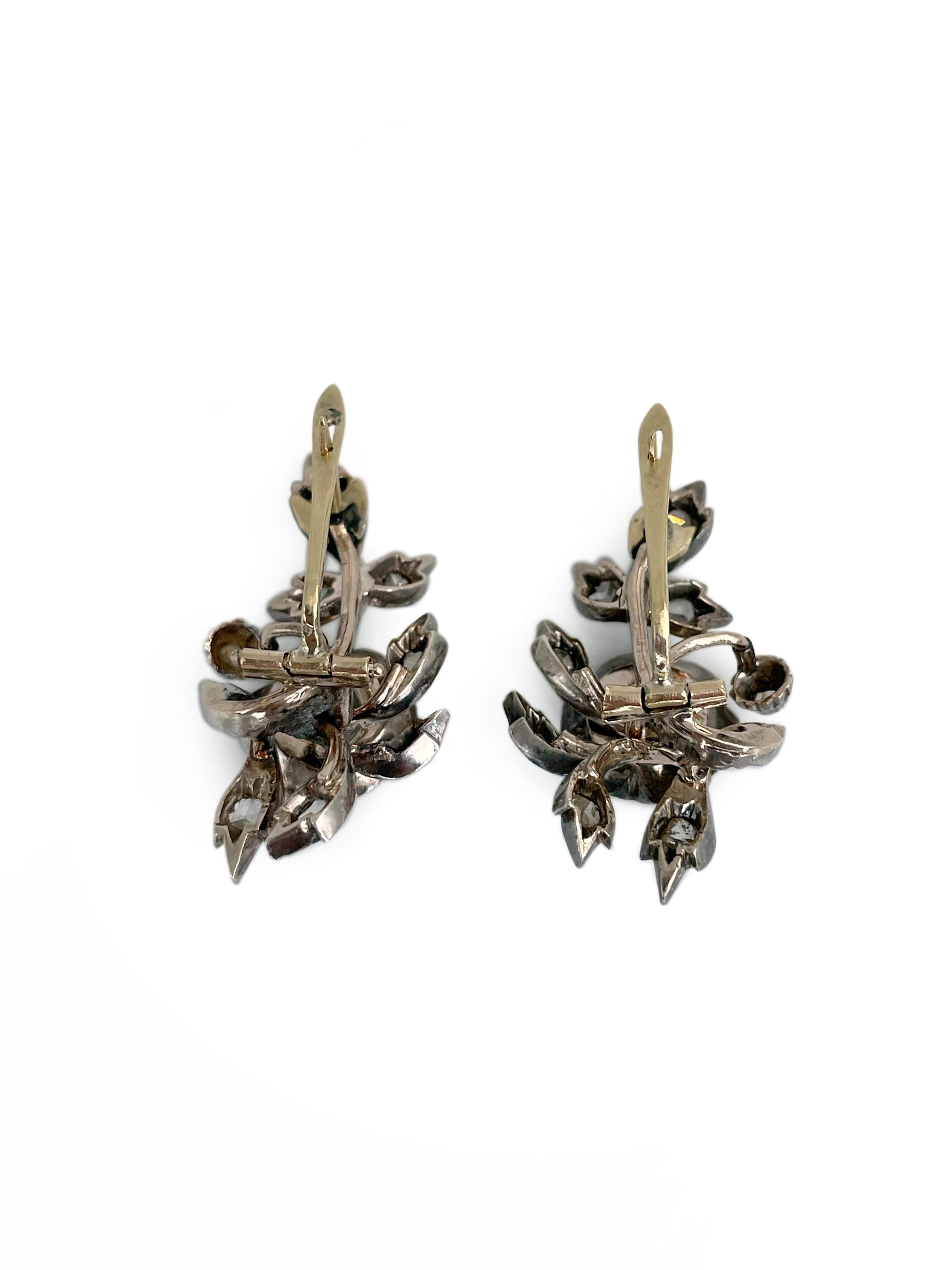 Victorian 18 Karat Gold Silver Rose Cut Diamond Floral Lever-Back Earrings (Rosenschliff) im Angebot
