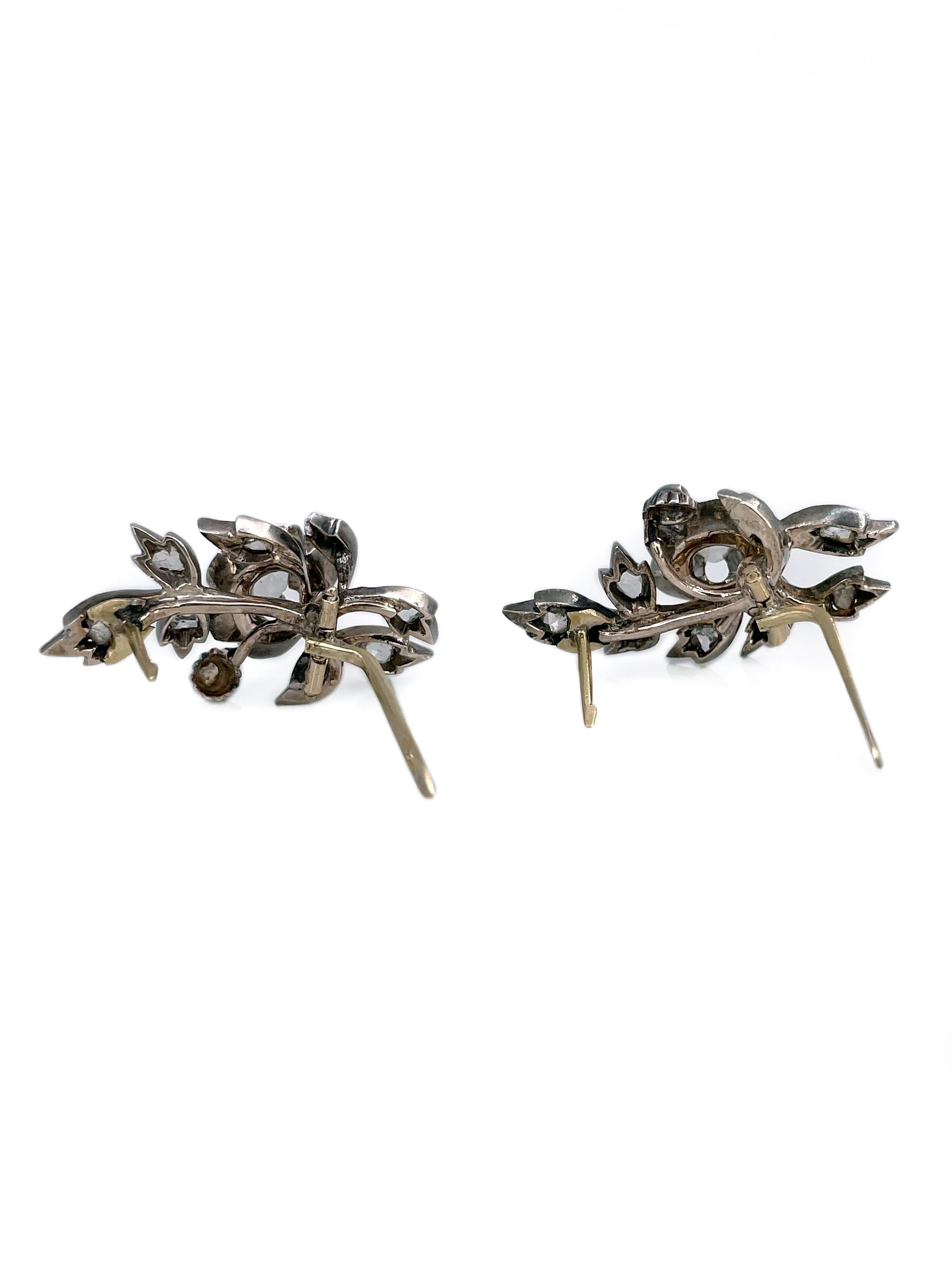 Victorian 18 Karat Gold Silver Rose Cut Diamond Floral Lever-Back Earrings im Zustand „Gut“ im Angebot in Vilnius, Vilniaus apskr.