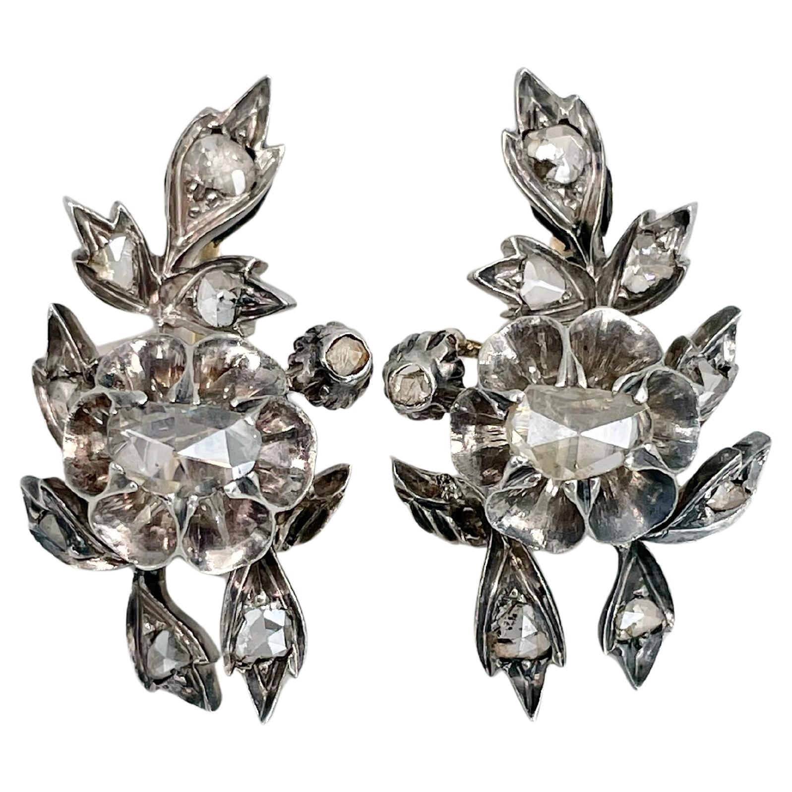 Victorian 18 Karat Gold Silver Rose Cut Diamond Floral Lever-Back Earrings im Angebot