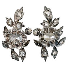 Antique Victorian 18 Karat Gold Silver Rose Cut Diamond Floral Lever-Back Earrings