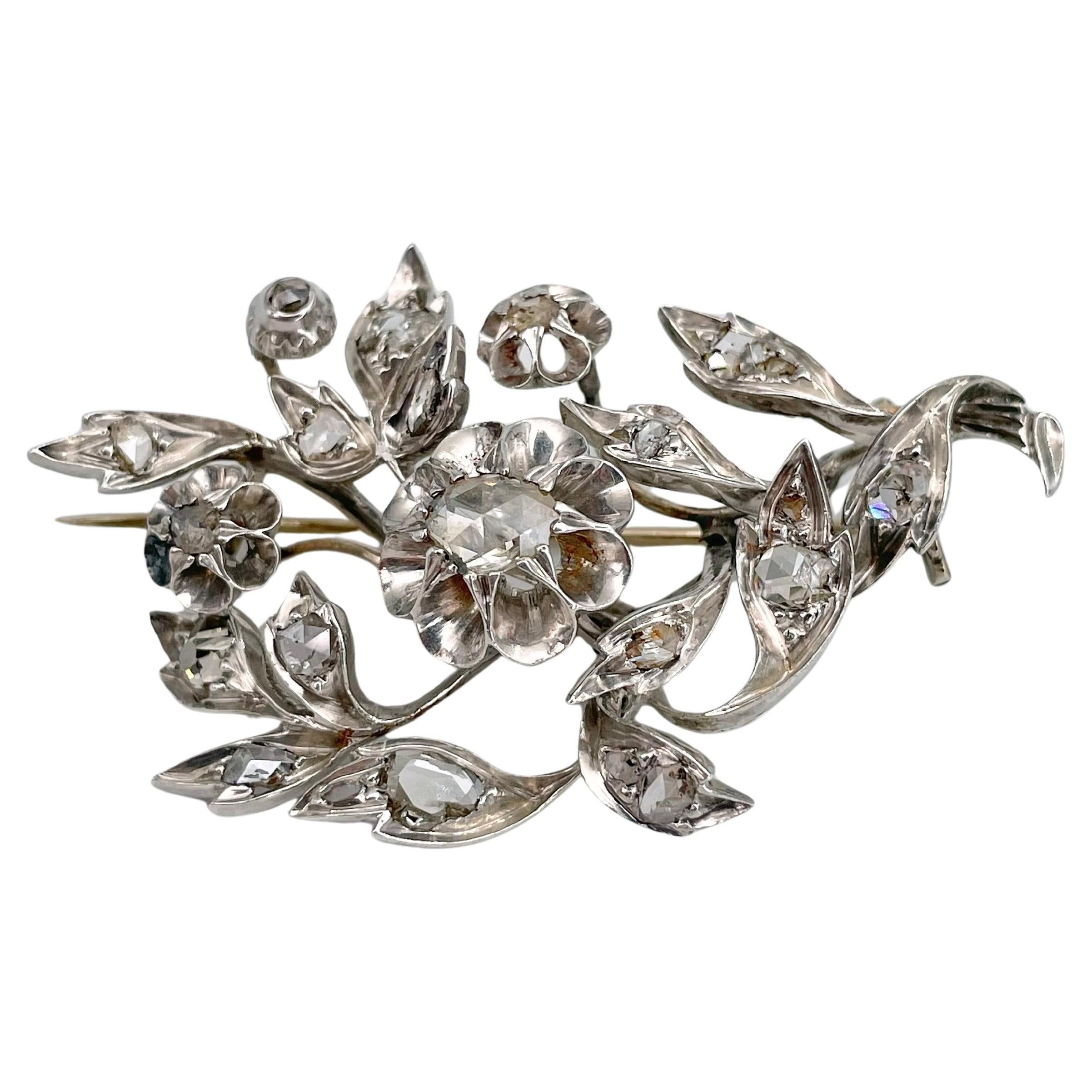 Victorian 18 Karat Gold Silver Rose Cut Diamond Floral Pin Brooch