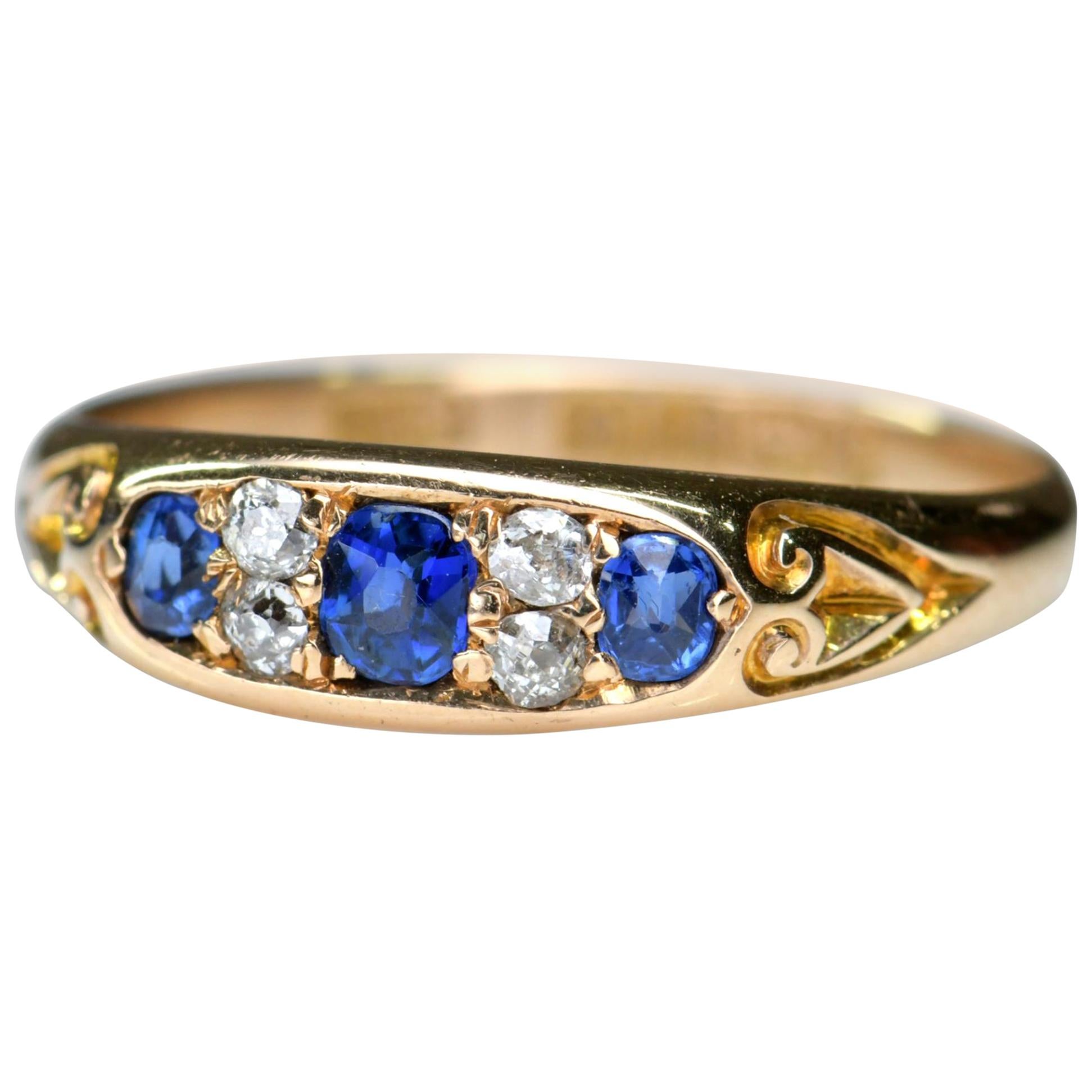 Victorian 18 Karat Gold Three-Stone Sapphire and Diamond Ring