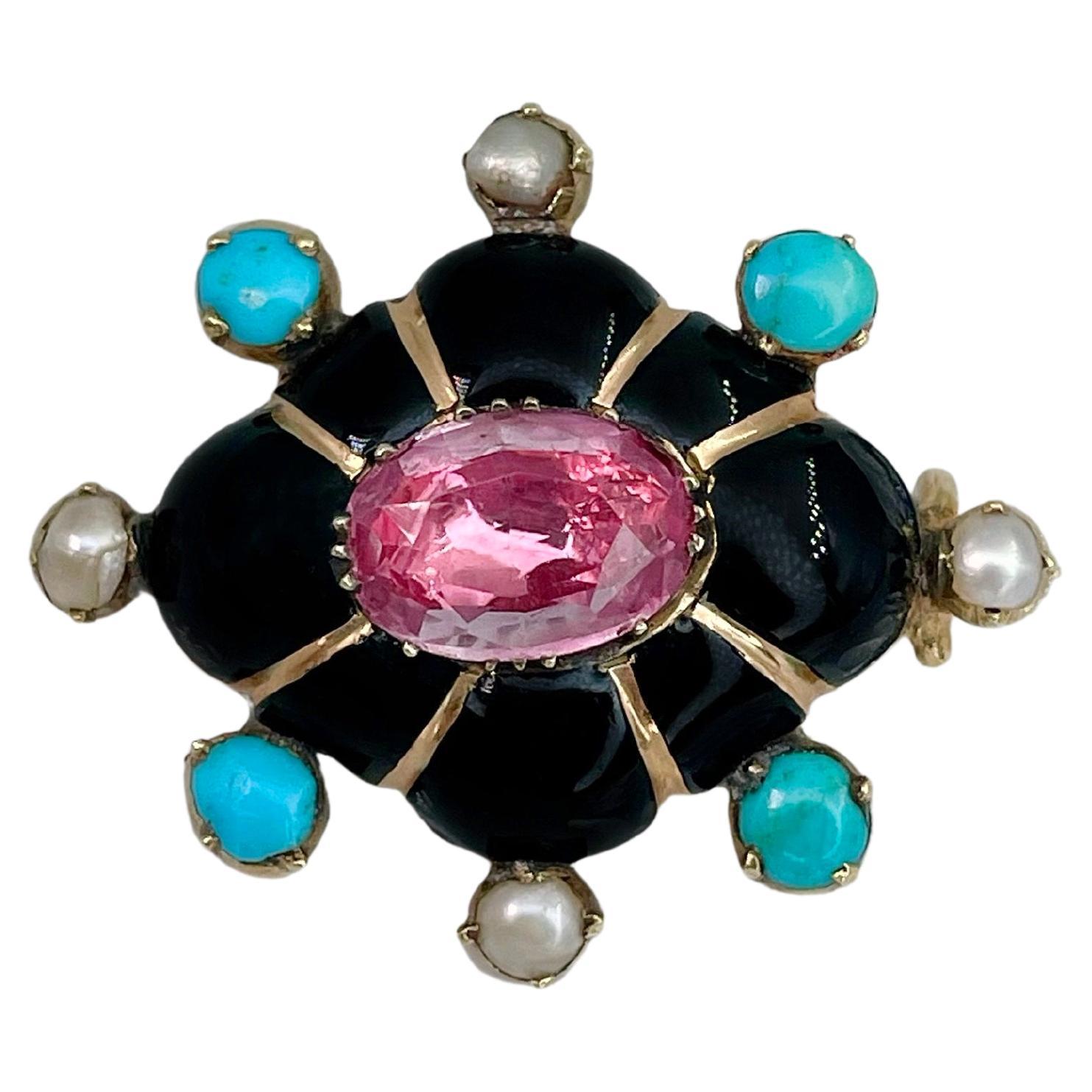 Victorian 18 Karat Gold Topaz Pearl Turquoise Black Enamel  Pin Brooch