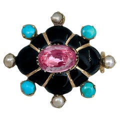 Vintage Victorian 18 Karat Gold Topaz Pearl Turquoise Black Enamel  Pin Brooch