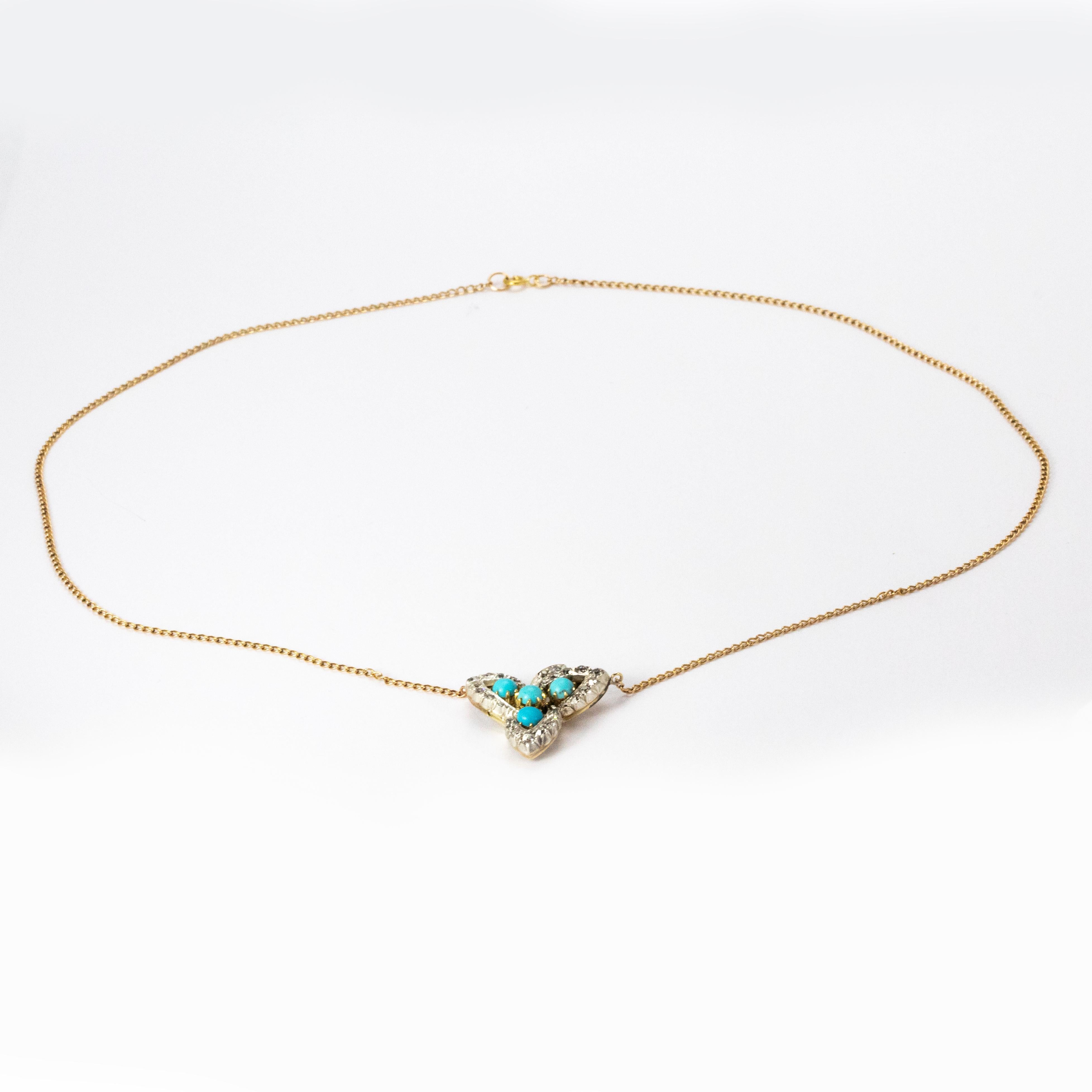 A stunning leaf shaped pendant from the Victorian Era. The pendant is elegantly outlined by 1 carat of old European cut diamonds, centrally set with beautiful turquoise and modelled in 18 karat yellow gold. The pendant is completed with a 9 karat
