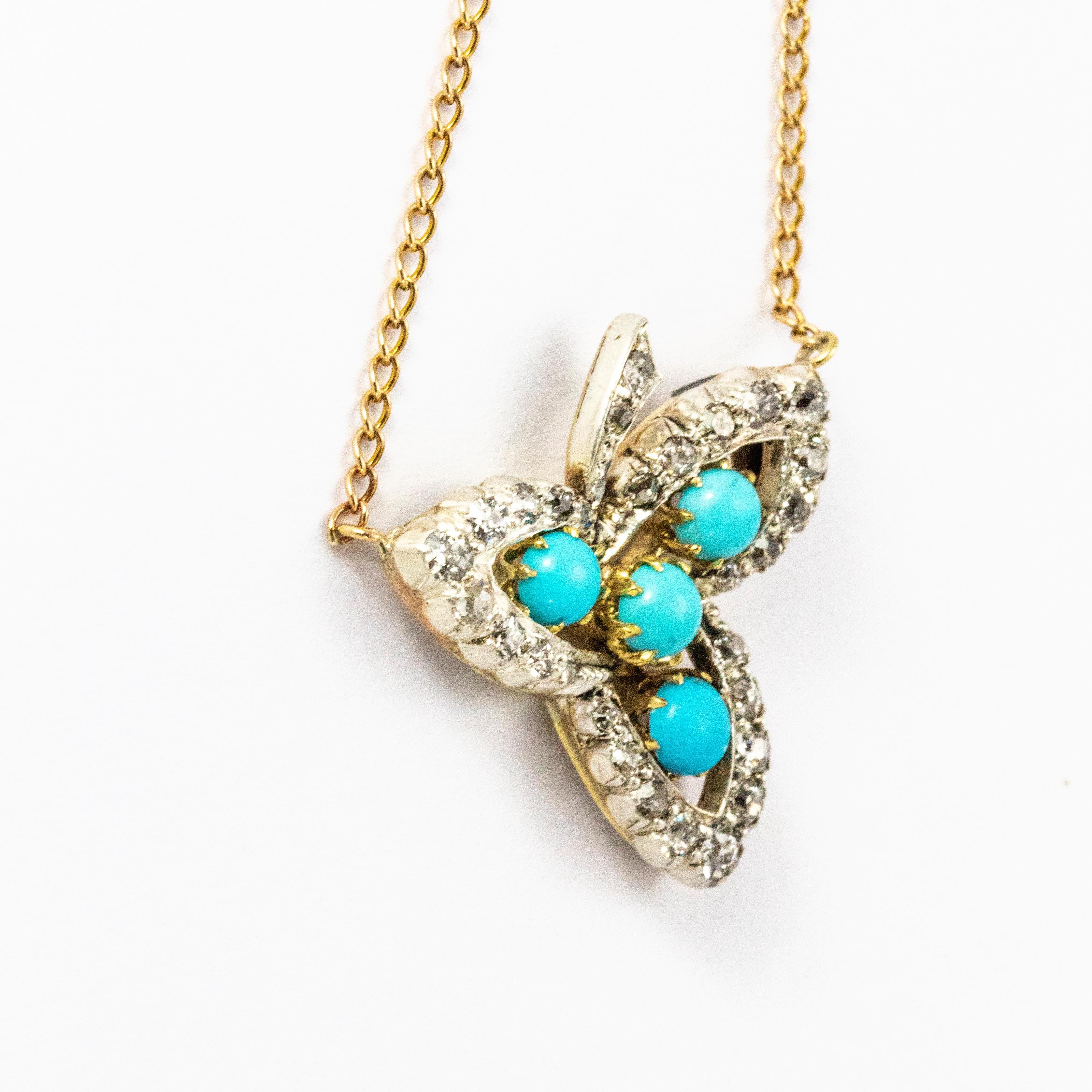 Old European Cut Victorian 18 Karat Gold Turquoise and Diamond Leaf Pendant For Sale