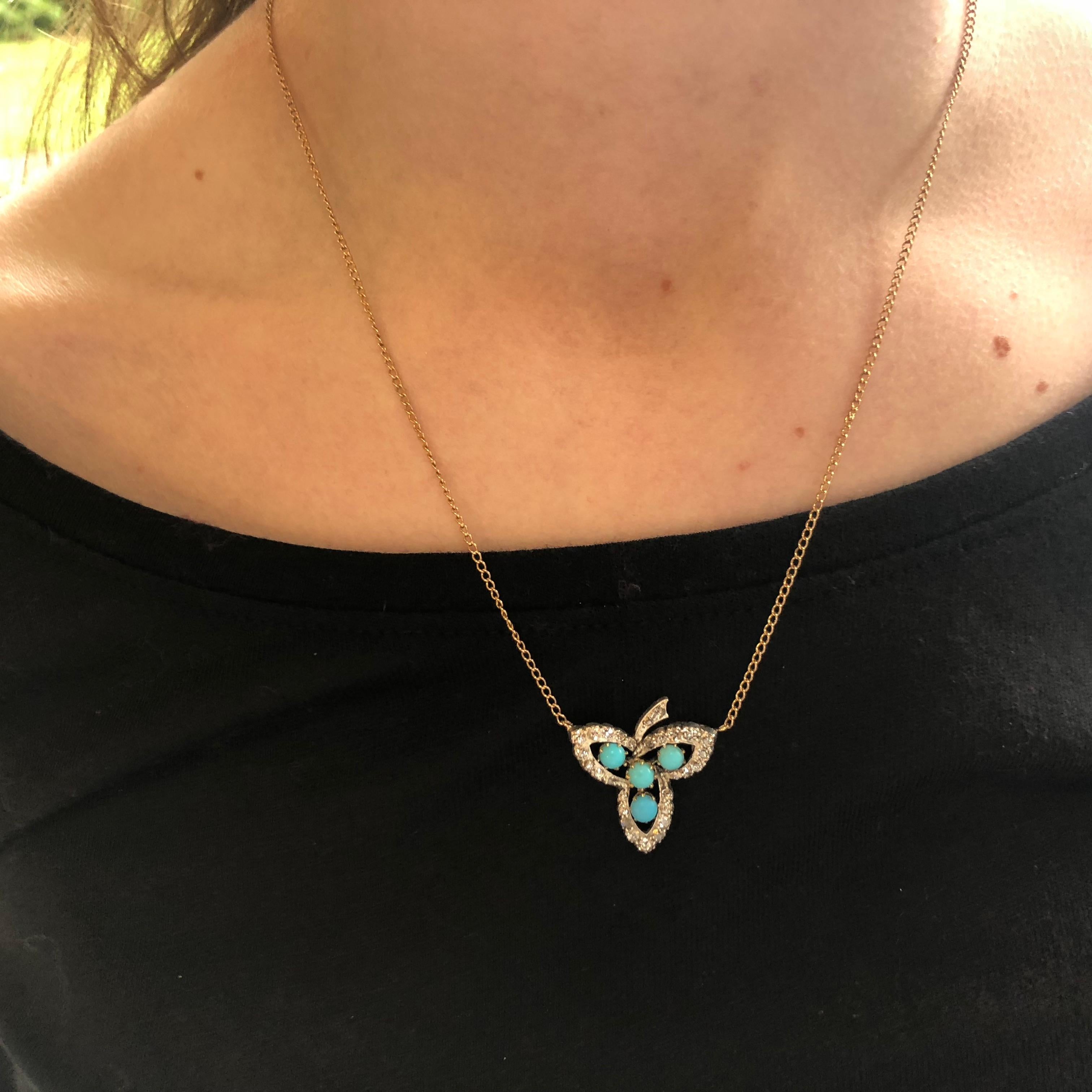Women's or Men's Victorian 18 Karat Gold Turquoise and Diamond Leaf Pendant For Sale