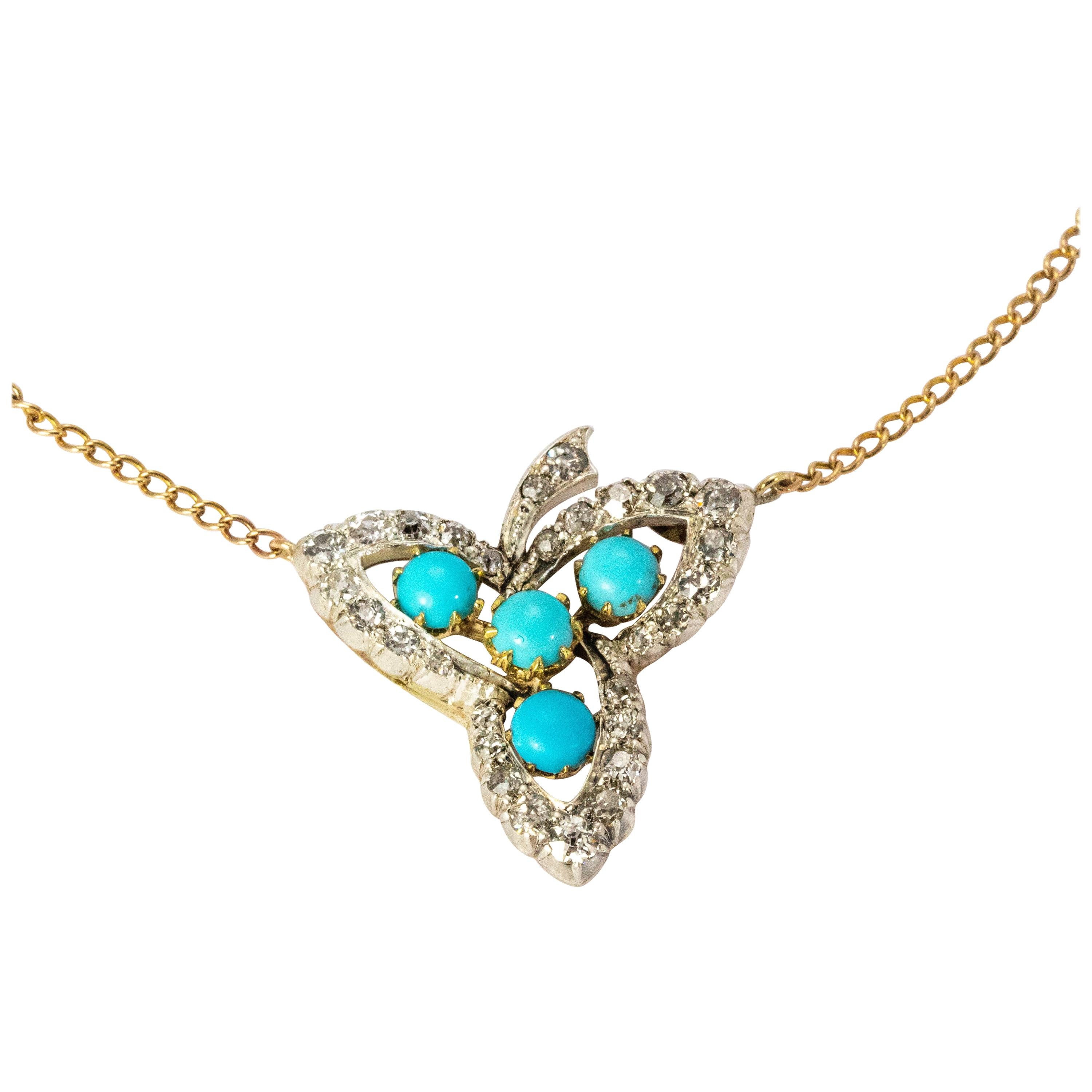 Pendentif Victorien en or 18 carats avec turquoise et diamant en forme de feuille