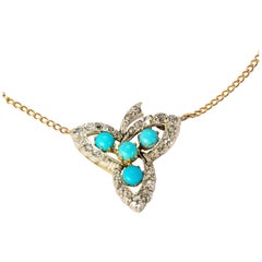 Pendentif Victorien en or 18 carats avec turquoise et diamant en forme de feuille