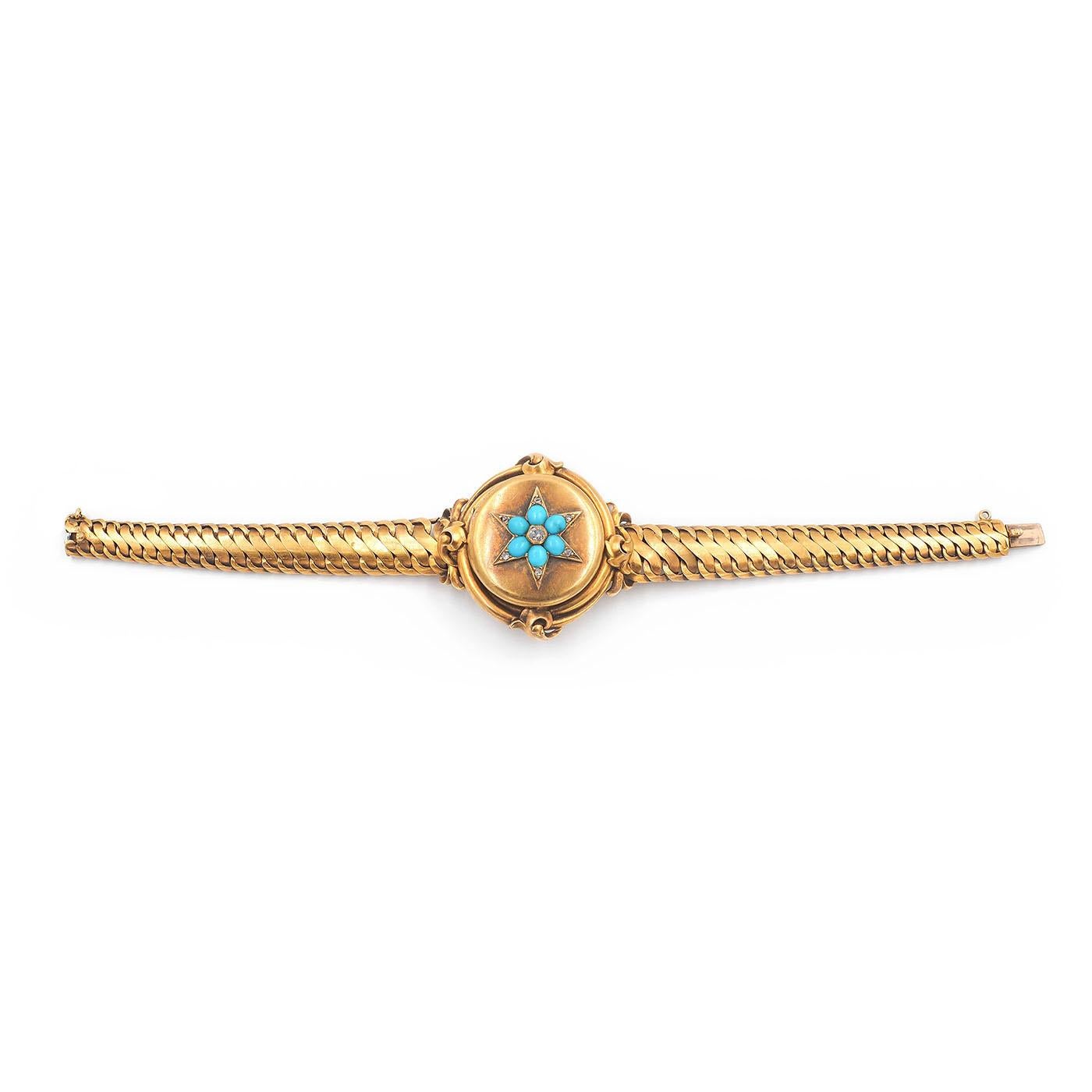 Victorian Turquoise and Old Cut Diamond Star Locket Bracelet composed of 18k yellow gold. With 6 Turquoise cabochons set within the top star motif, along with 7 diamonds (a combination of Old Mine Cut and Rose Cut diamonds) weighing approximately