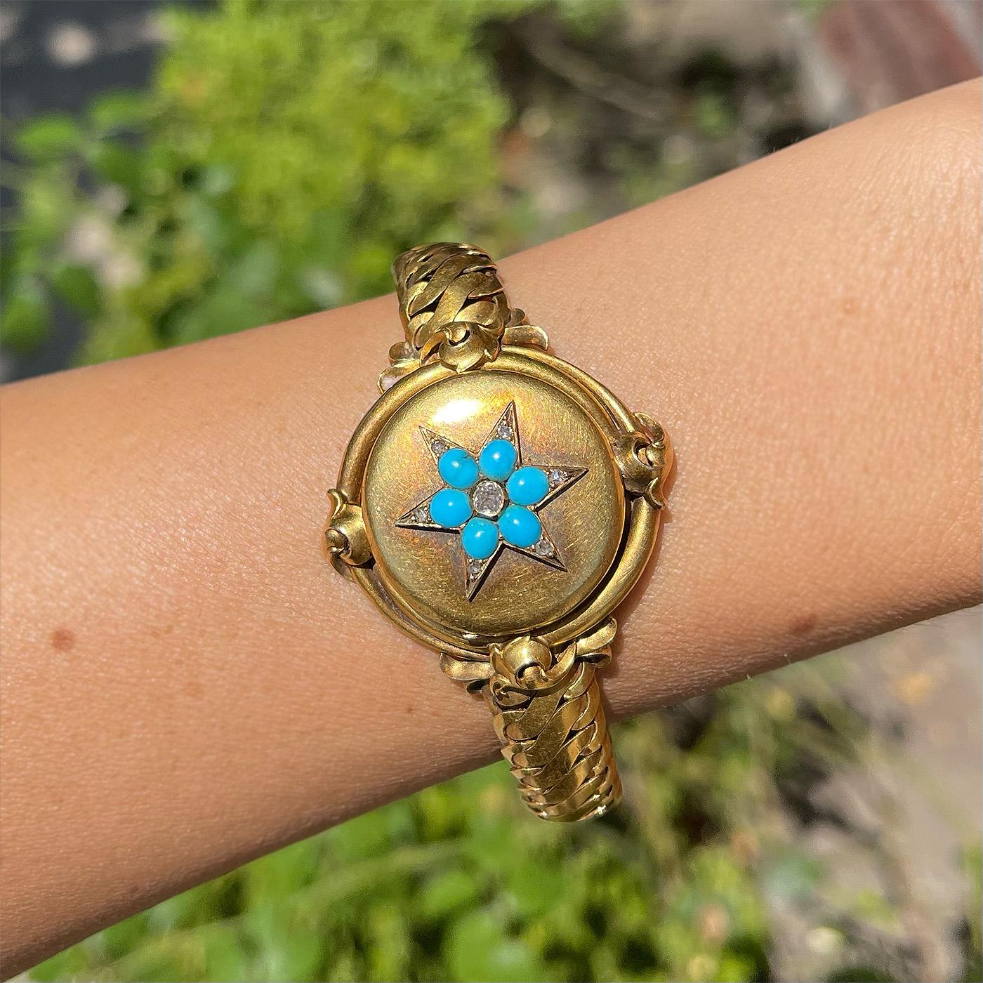 Women's Victorian 18 Karat Gold, Turquoise and Old Cut Diamond Star Locket Bracelet For Sale
