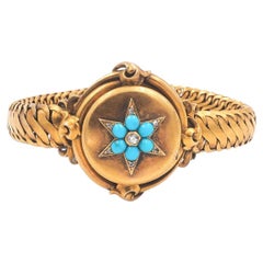 Victorian 18 Karat Gold, Turquoise and Old Cut Diamond Star Locket Bracelet