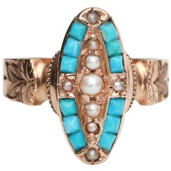 Victorian 18 Karat Gold Turquoise and Seed Pearl Navette Ring, circa 1890s