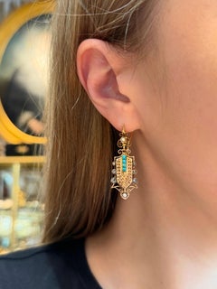 Victorian 18 Karat Gold Turquoise Diamond Pearl Floral Openwork Dangle Earrings