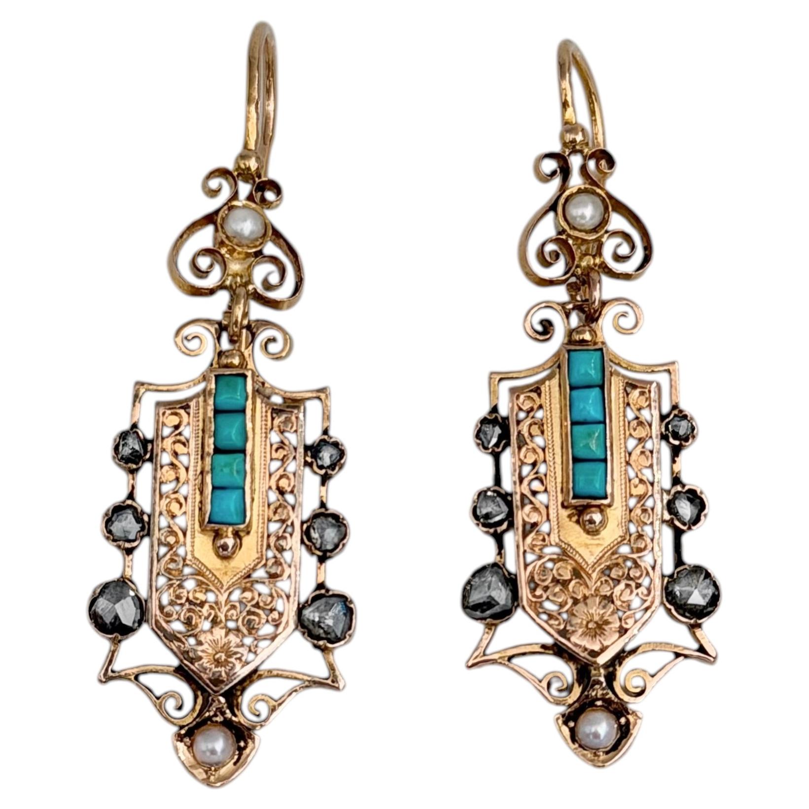 Victorian 18 Karat Gold Turquoise Diamond Pearl Floral Openwork Dangle Earrings