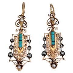 Victorian 18 Karat Gold Turquoise Diamond Pearl Floral Openwork Dangle Earrings