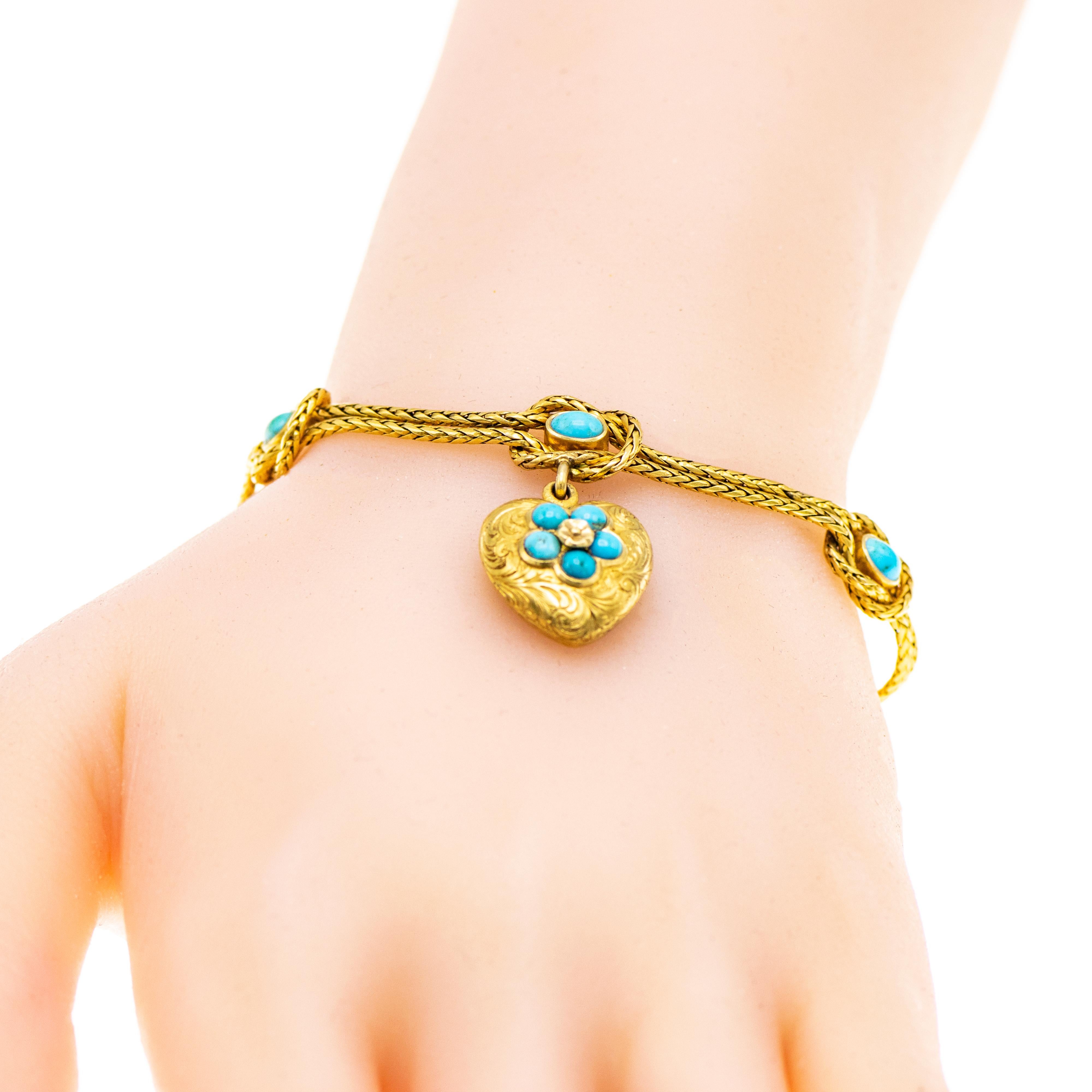 Victorian 18 Karat Gold Turquoise Heart Charm Bracelet In Excellent Condition In New York, NY