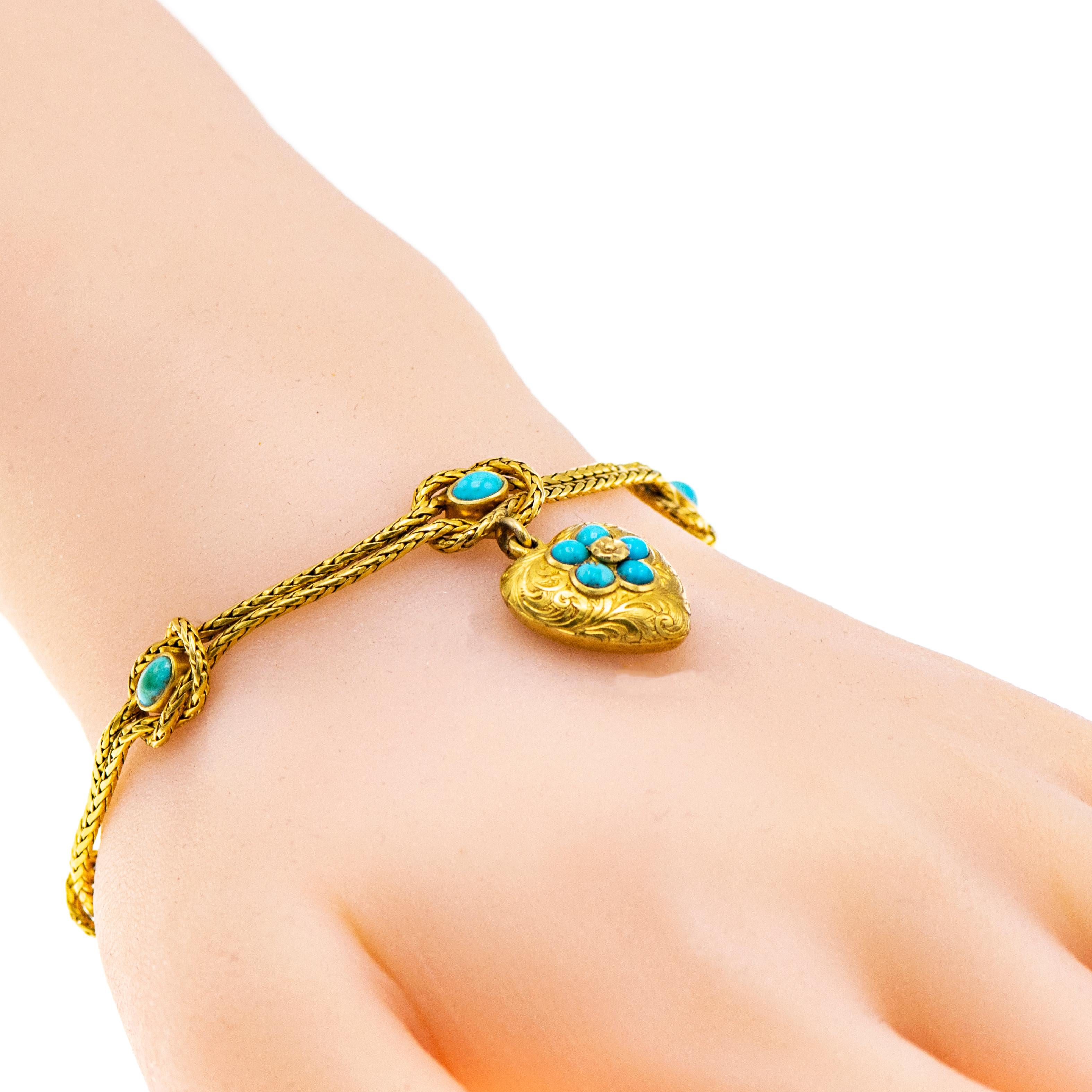 Women's Victorian 18 Karat Gold Turquoise Heart Charm Bracelet