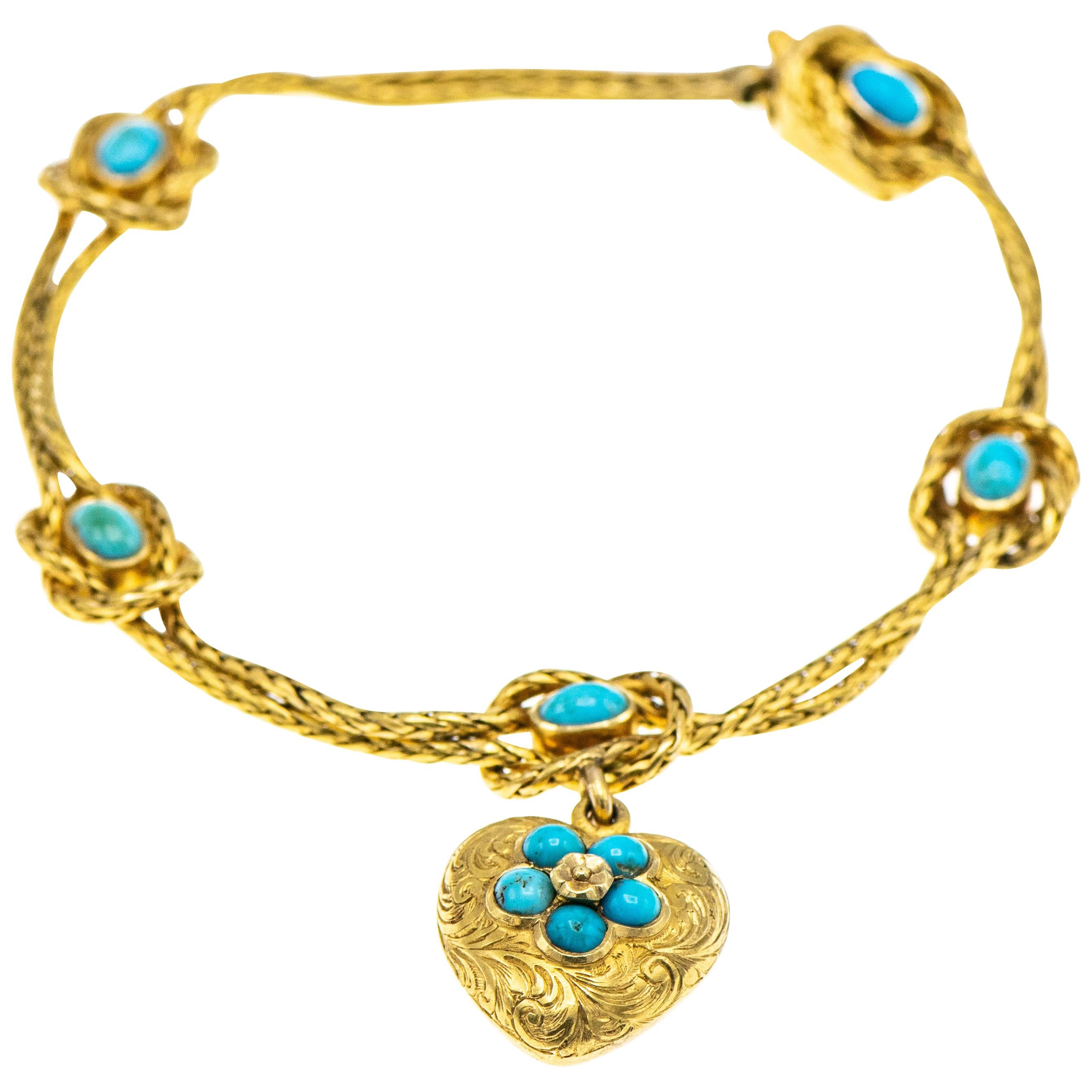 Victorian 18 Karat Gold Turquoise Heart Charm Bracelet