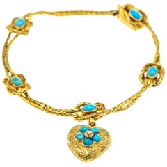 Antique Victorian 18 Karat Gold Turquoise Heart Charm Bracelet