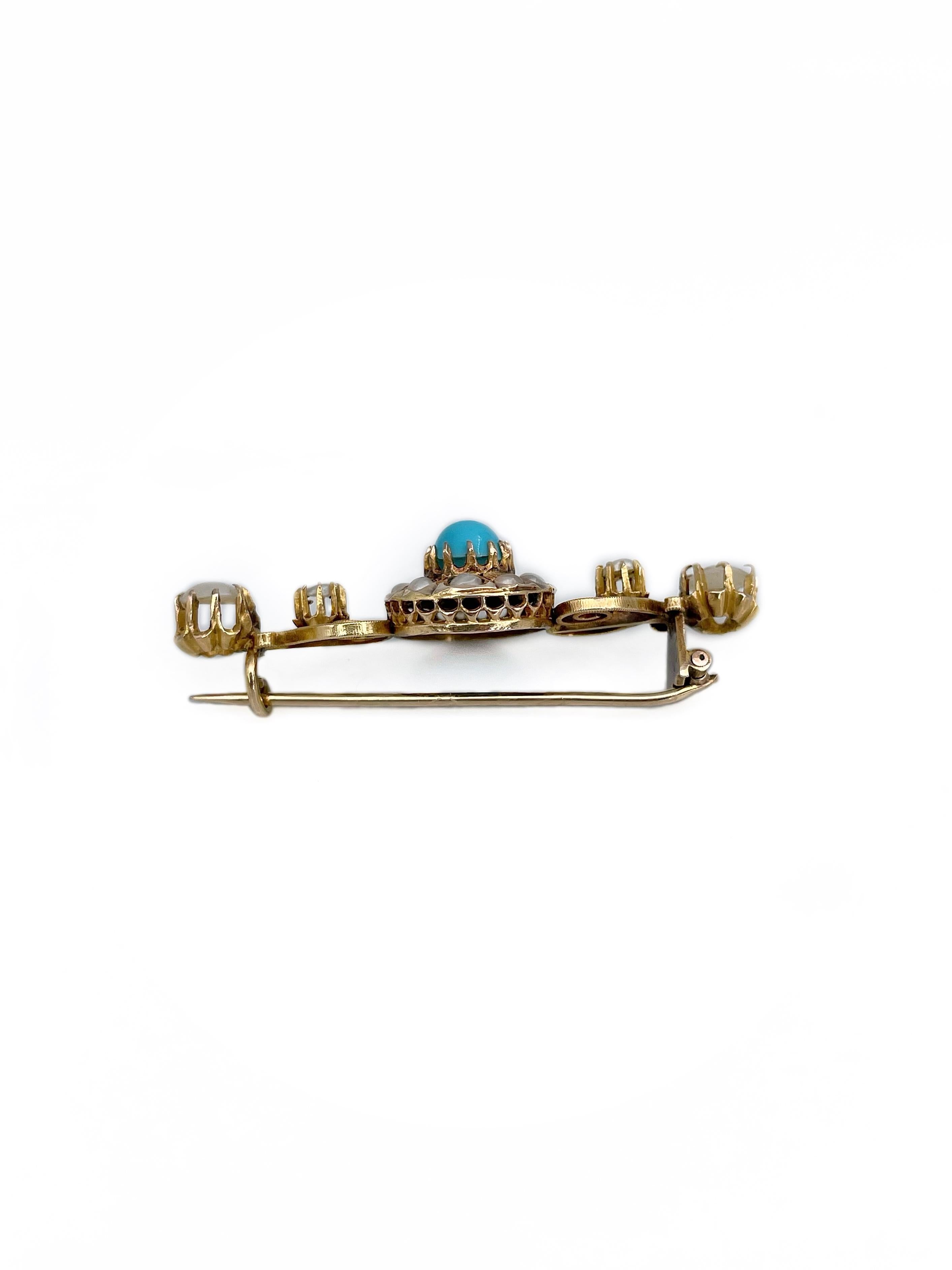 Victorian 18 Karat Gold Turquoise Seed Pearl Bar Brooch In Good Condition In Vilnius, LT