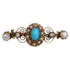 Antique Victorian 18 Karat Gold Turquoise Seed Pearl Bar Brooch