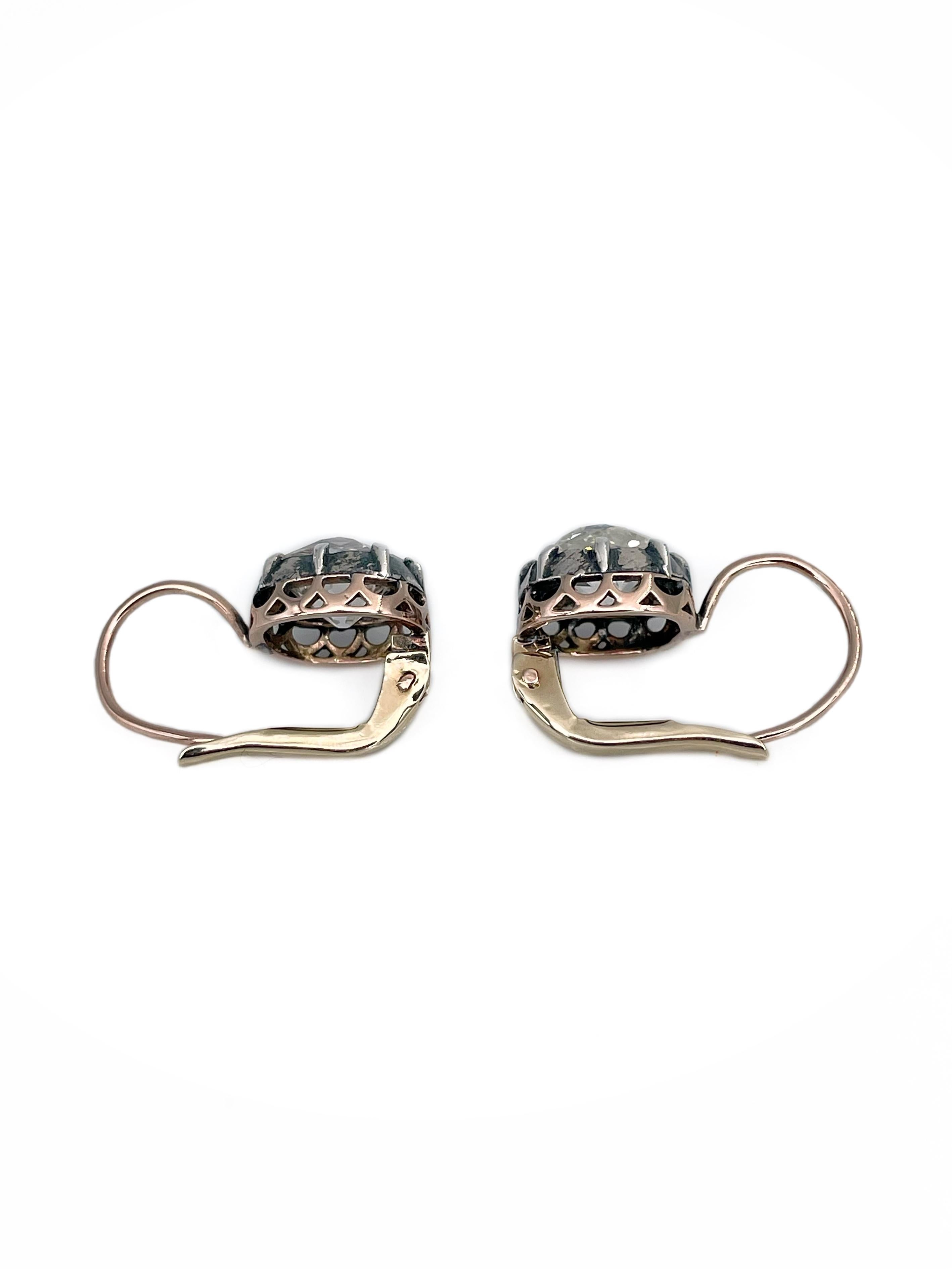 Pendientes de palanca de oro victoriano de 18 quilates TW y 2,50 quilates de diamantes talla mina antigua Victoriano en venta