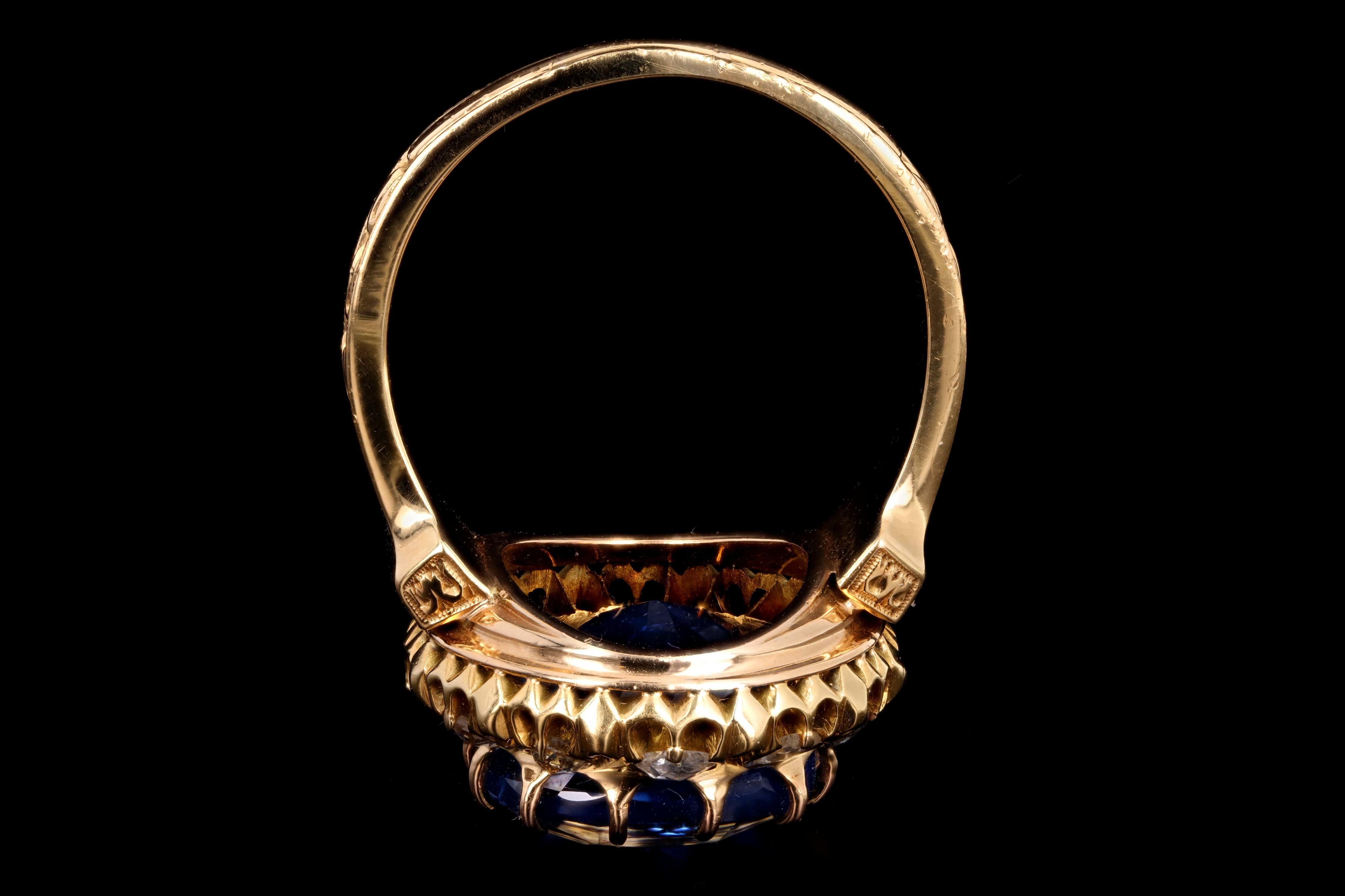 Antique Cushion Cut Victorian 18 Karat Gold Untreated 10.73 Carat Burma Sapphire and Diamond Ring