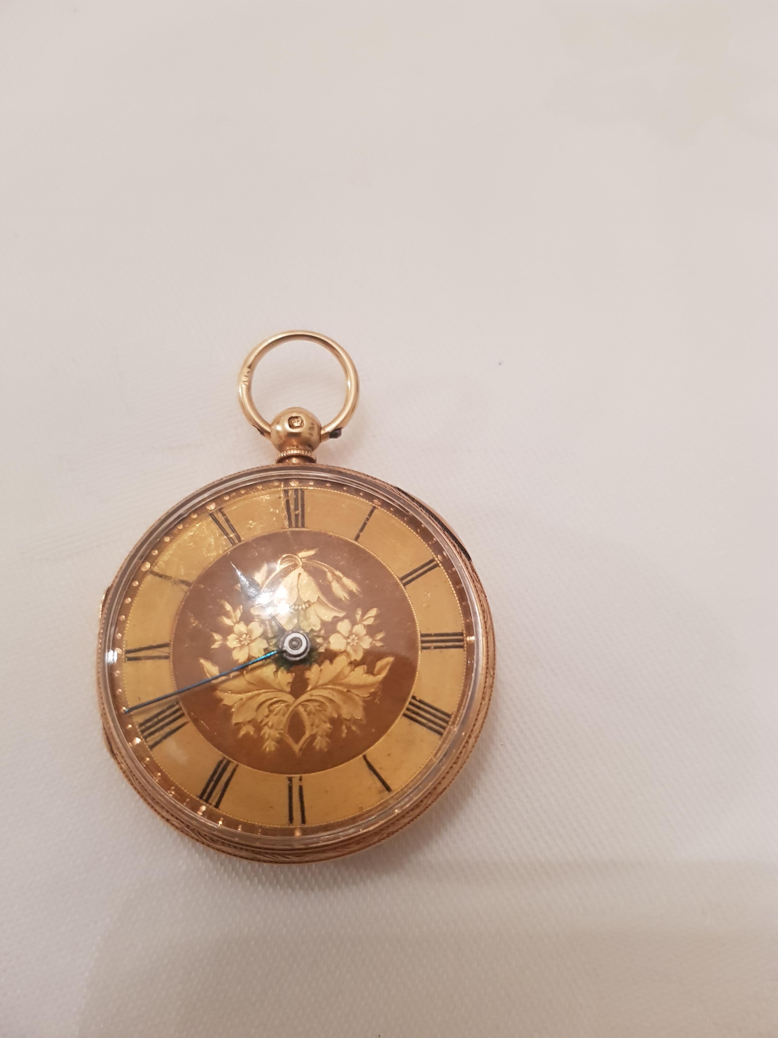 A fine Victorian open face 18-karat gold pocket watch, engraved dial, hallmarked with original key and case.

Case diameter 40mm without the crown

Accompanied with an associated exceptional quality and length 10-karat gold chain. [78cm long in