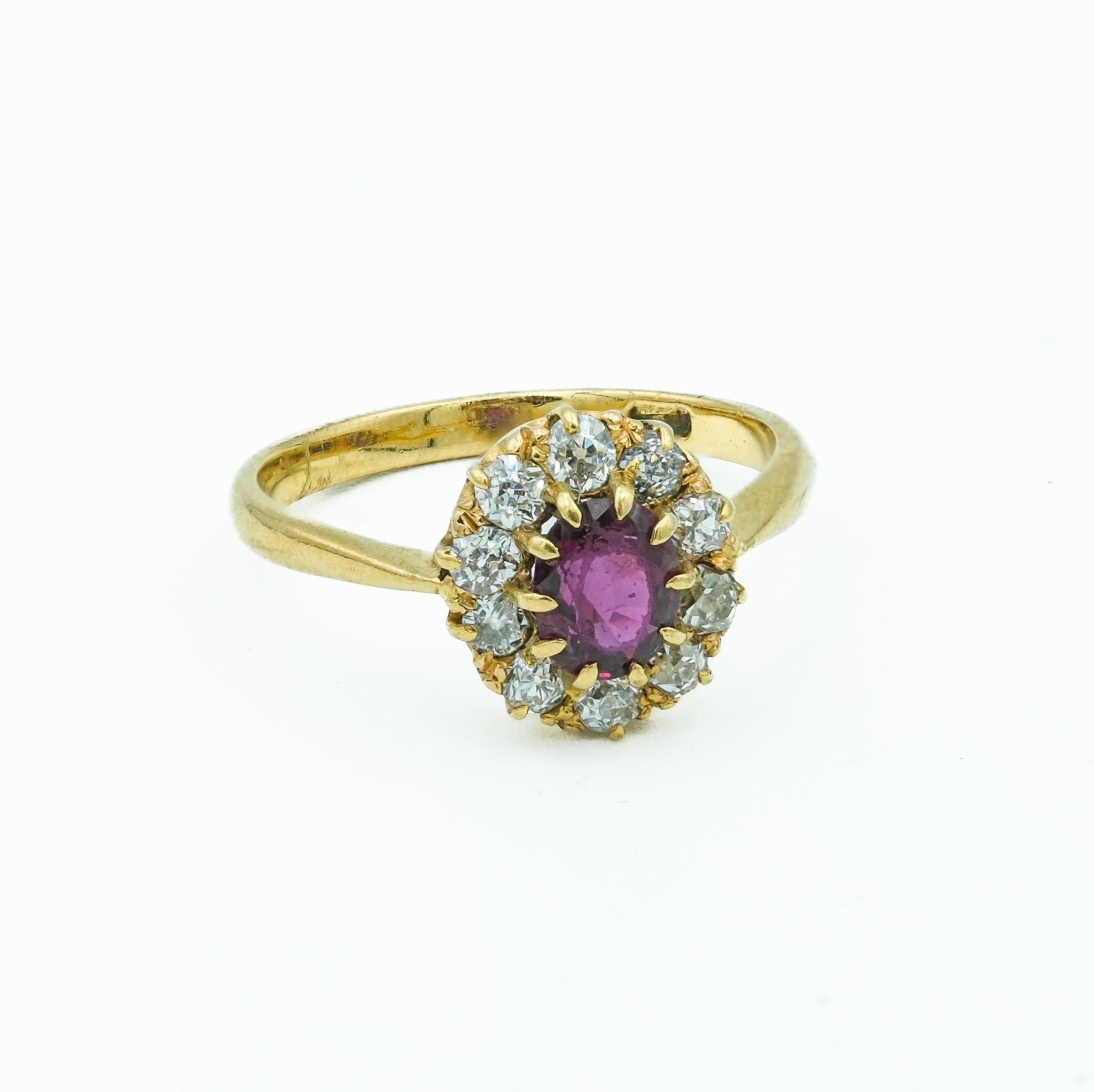 This Victorian ruby and diamond cluster ring is a classic example of an everyday vintage ring. Featuring a .82 carat ruby, this ring sings with a rich red hue, making it a standout accessory for any occasion. Due to the ring being photographed in a