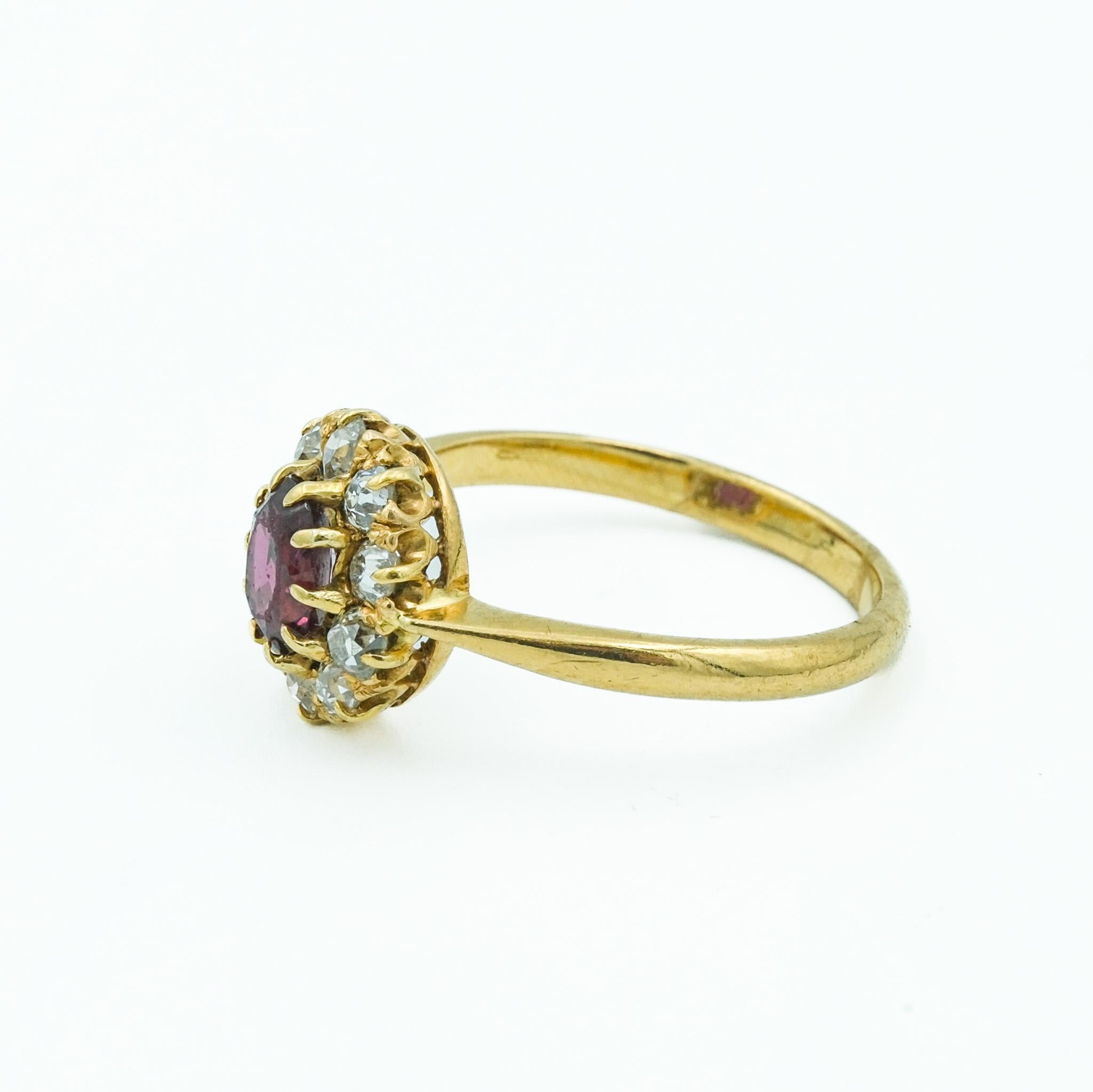 Oval Cut Victorian Ruby and Diamond Cluster ring 18 Karat Yellow Gold