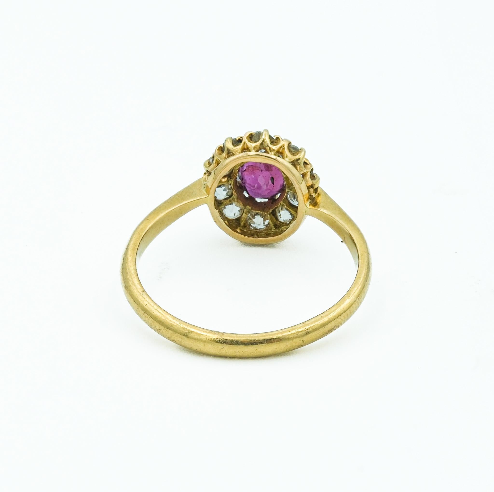 Victorian Ruby and Diamond Cluster ring 18 Karat Yellow Gold In Good Condition In Fairfield, CT