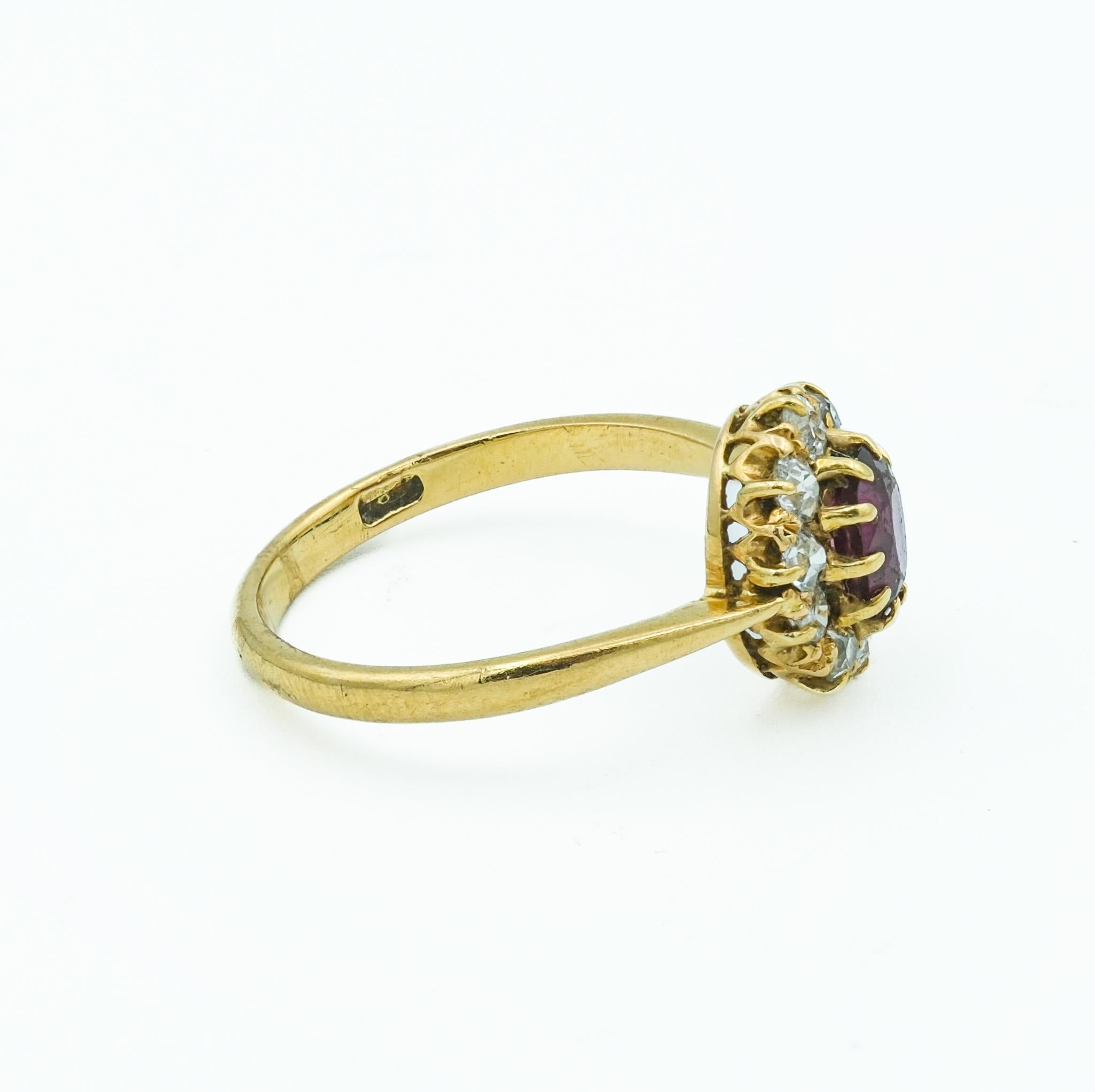 Women's Victorian Ruby and Diamond Cluster ring 18 Karat Yellow Gold