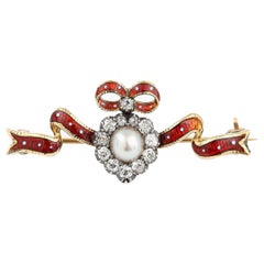 Victorian 18 Karat Pearl, Diamond Heart and Red Enamel Bow Brooch, Circa 1880