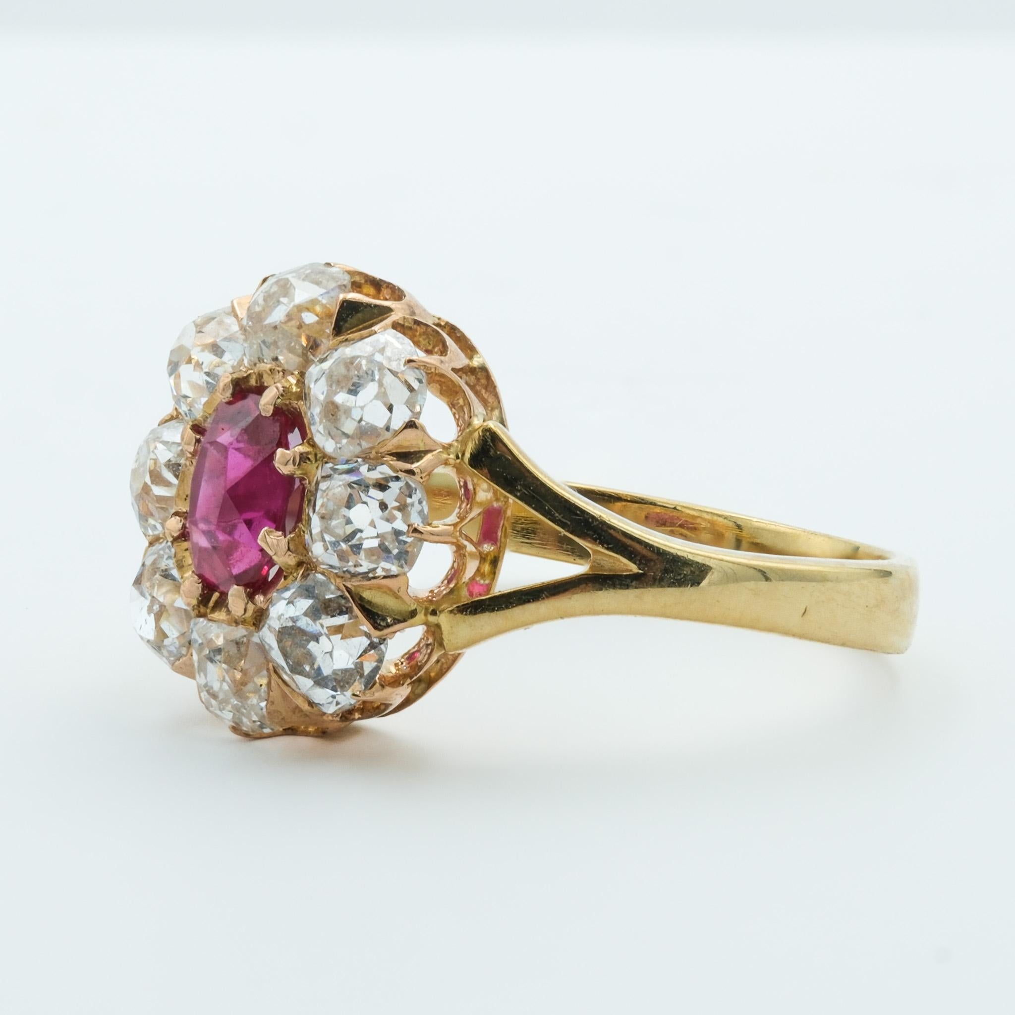 Oval Cut Victorian 18 Karat .85ct Ruby and 1.54ct Old Miner Cut Diamonds Cluster Ring For Sale