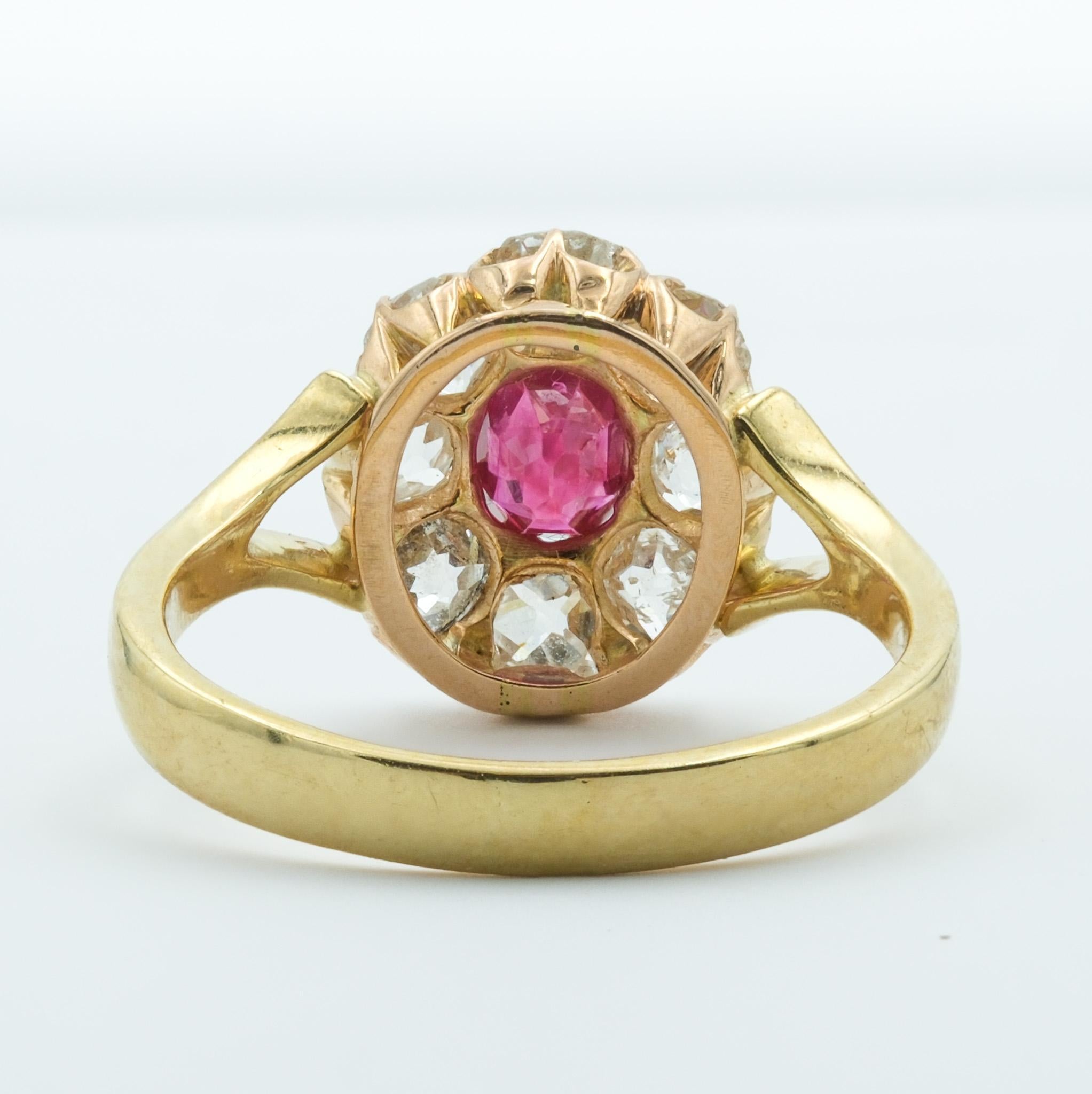 Victorian 18 Karat .85ct Ruby and 1.54ct Old Miner Cut Diamonds Cluster Ring In Good Condition For Sale In Fairfield, CT